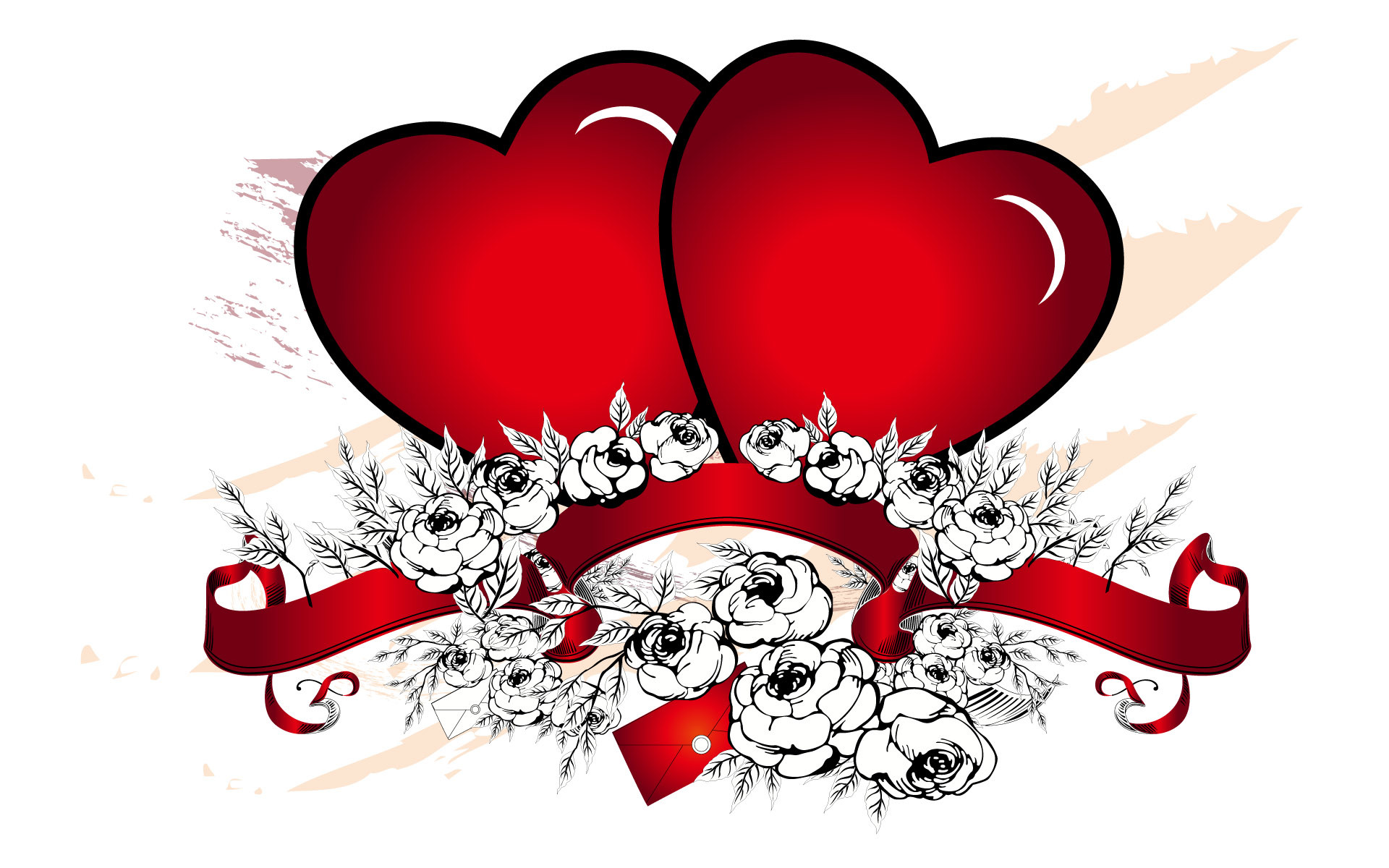 Due cuori, Rose, Nastro, San Valentino, Full HD, sfondo desktop