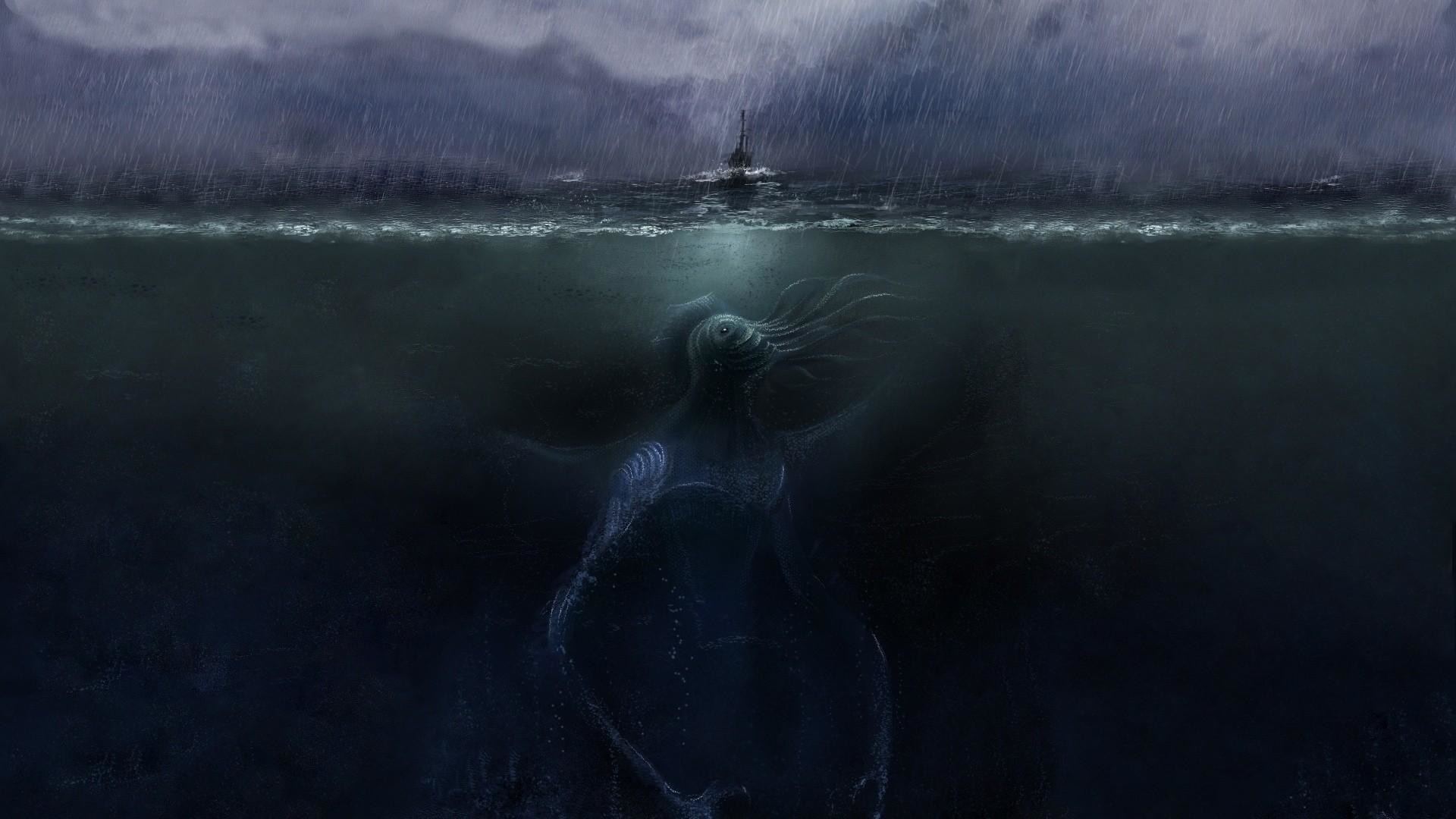 Cthulhu, H. P. Lovecraft, Abisso, Oceano, Nave, Full HD, sfondo Windows 11