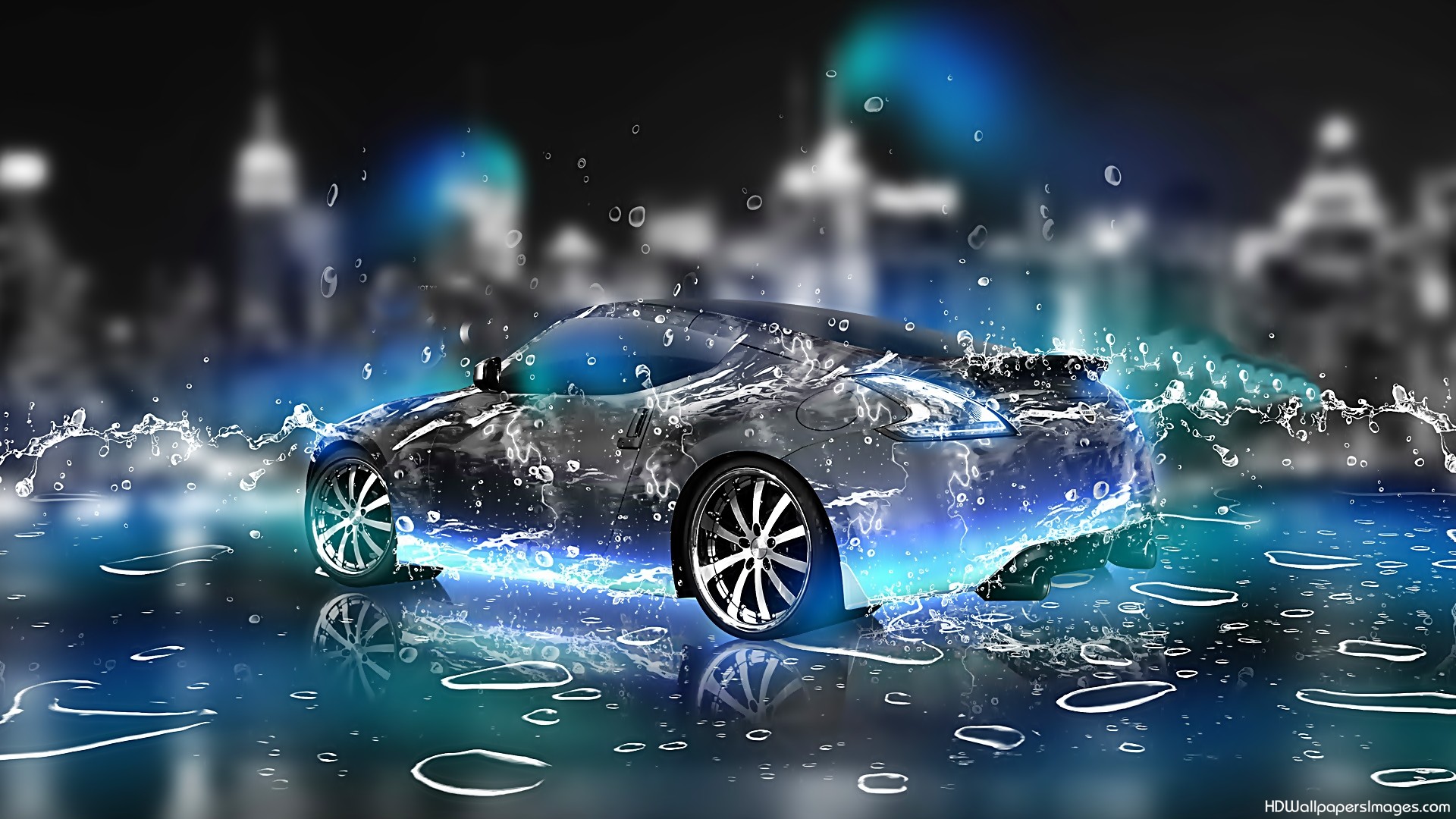 Auto sportiva, Acqua, Città, Arte digitale, Full HD, sfondo desktop