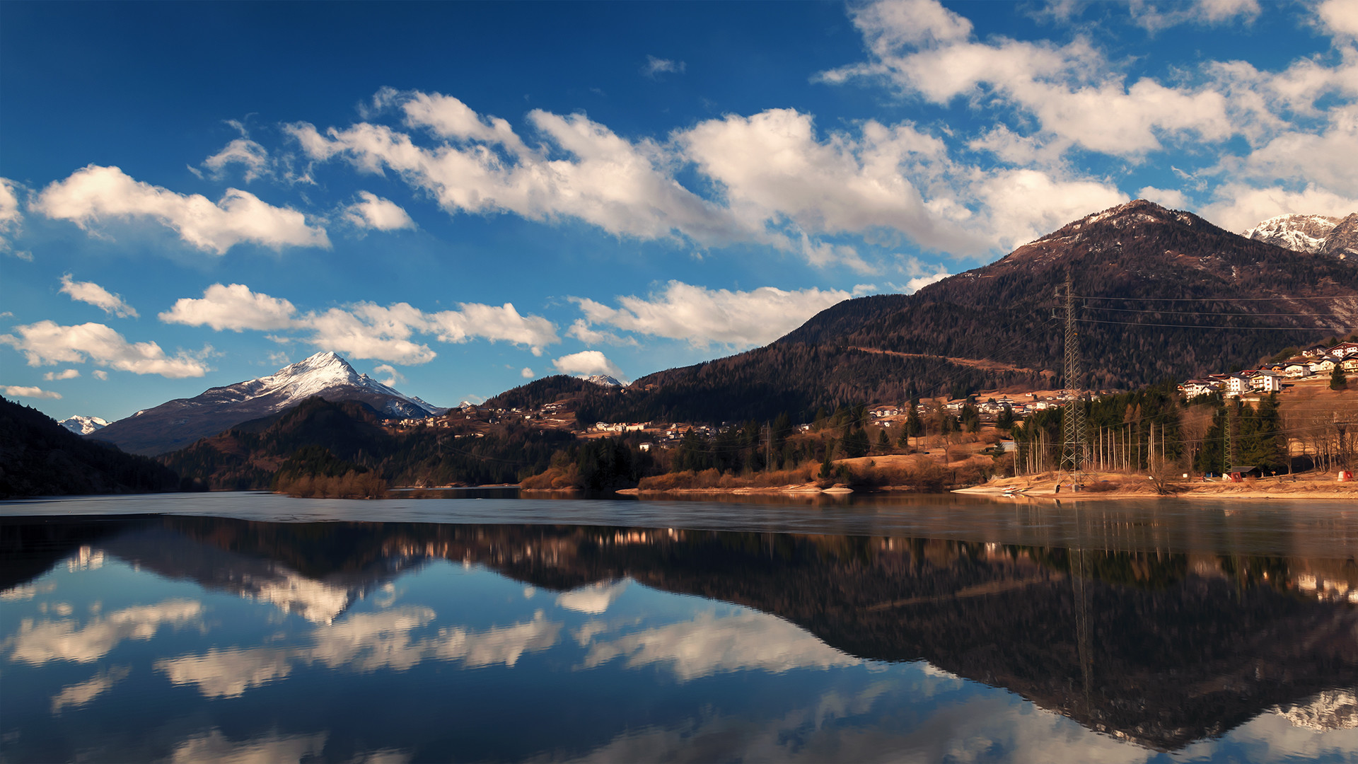 Lago, Montagne, Riflesso, Nuvole, Full HD, sfondo per PC
