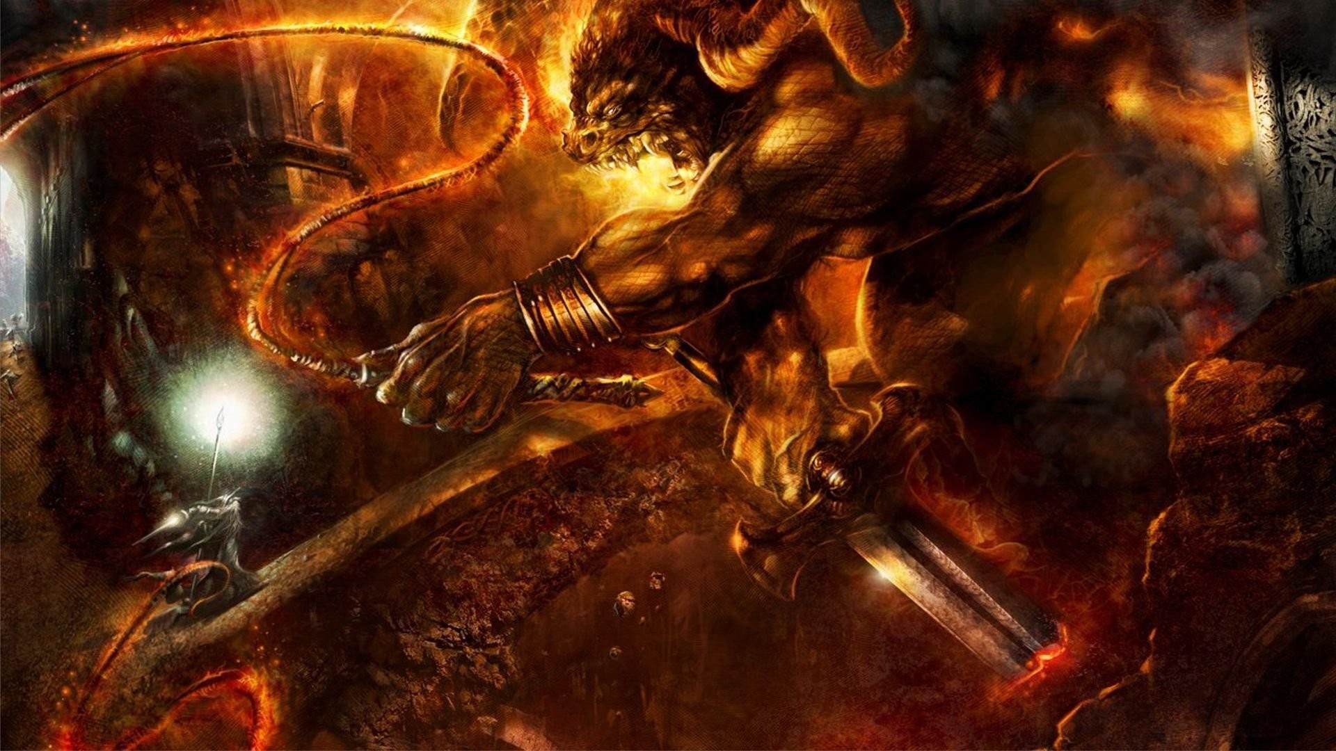 Balrog, Gandalf, Il Signore degli Anelli, Fuoco, Pittura, Full HD, sfondo per PC