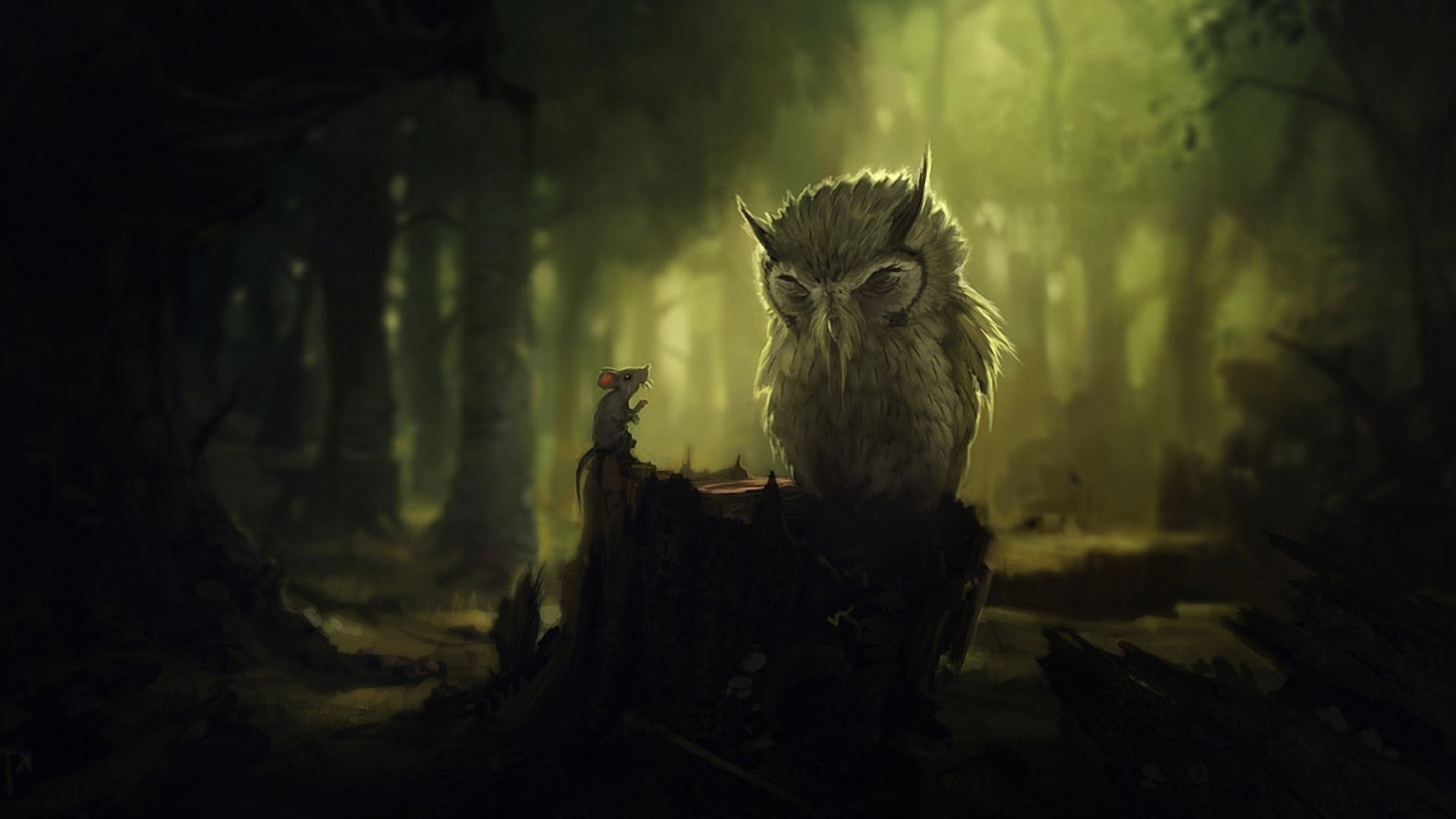 Gufo, Foresta incantata, Fantasy, Luce verde, 1920x1080, immagine di sfondo