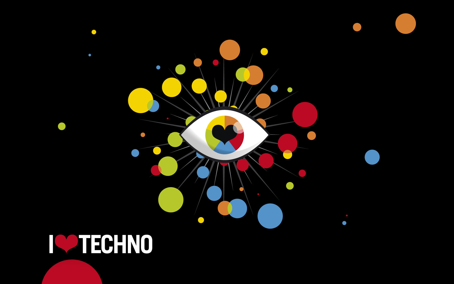 I Love Techno, Occhio, Pois colorati, Sfondo nero, 16:10 Full HD, wallpaper widescreen
