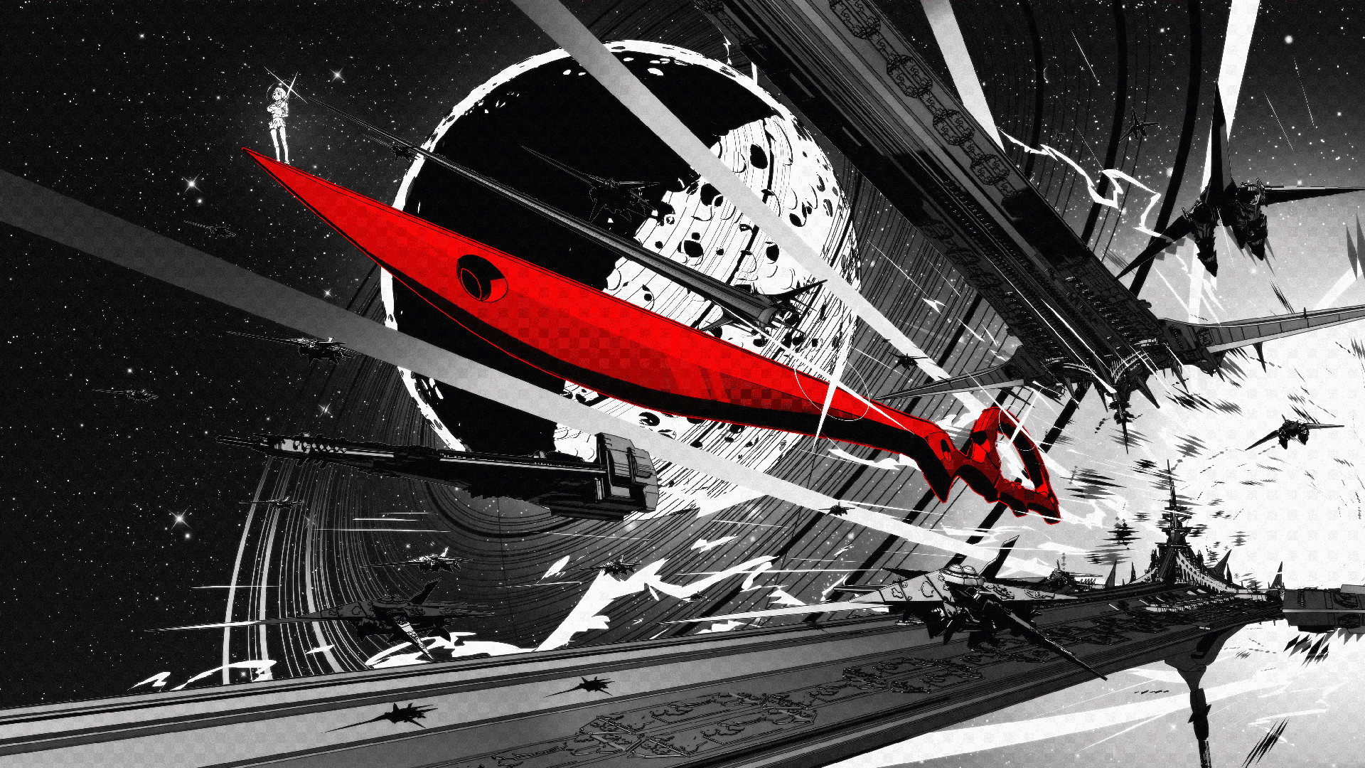 Kill la Kill, Forbice-spada, Bianco e nero, Città, Full HD, wallpaper desktop
