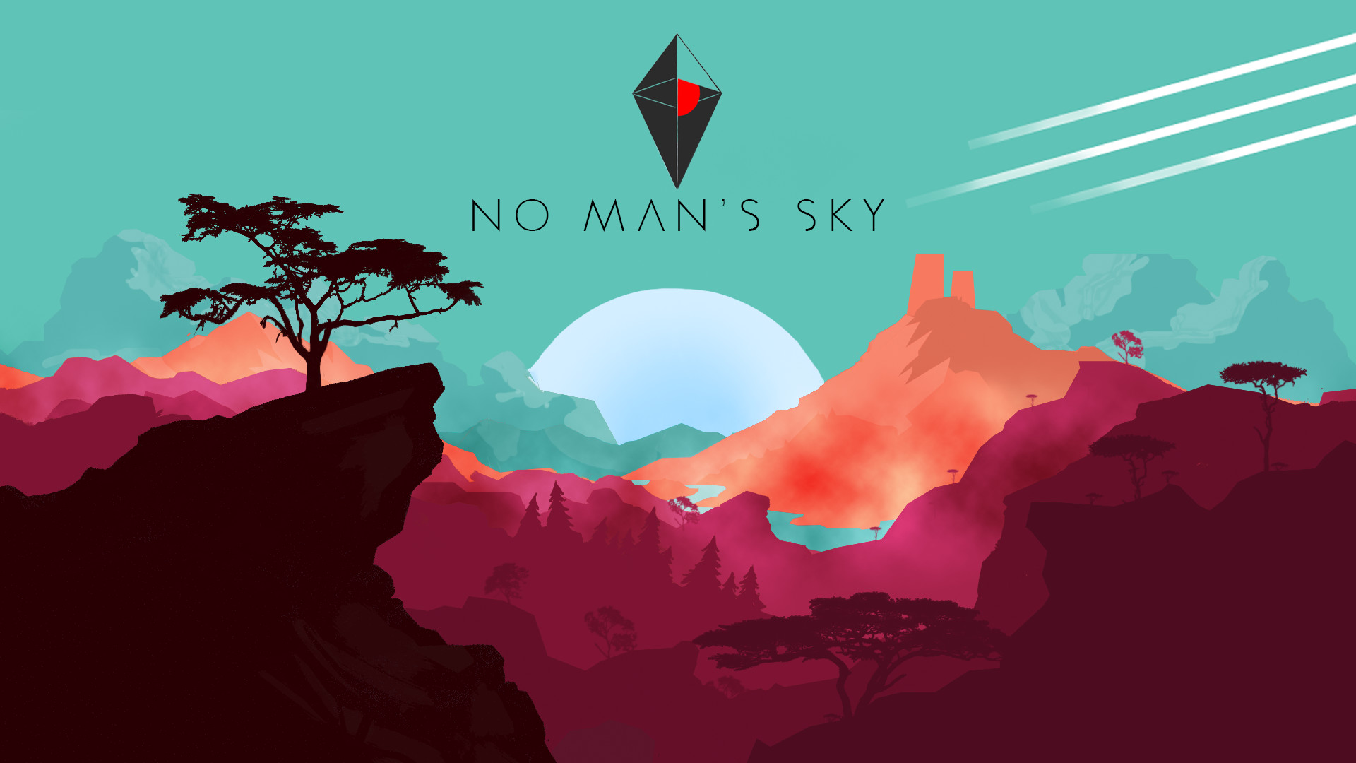 No Man's Sky, Logo, Albero, Tramonto, Illustrazione, Full HD, sfondo per PC