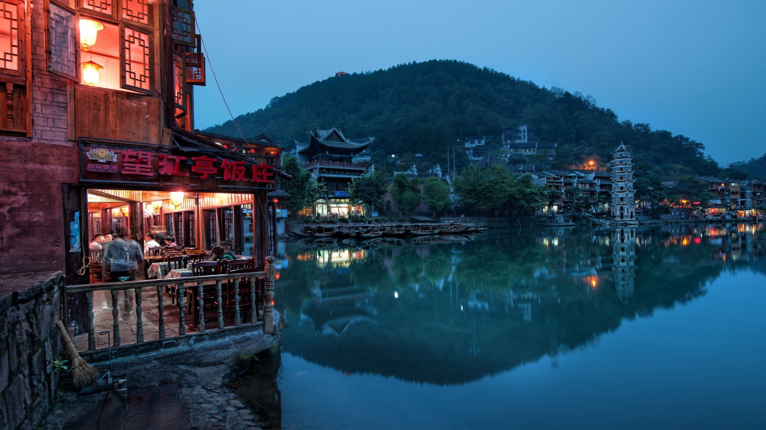 Fenghuang, Hunan, Cina, Fiume, Crepuscolo, Pagoda, 2K, sfondo per PC