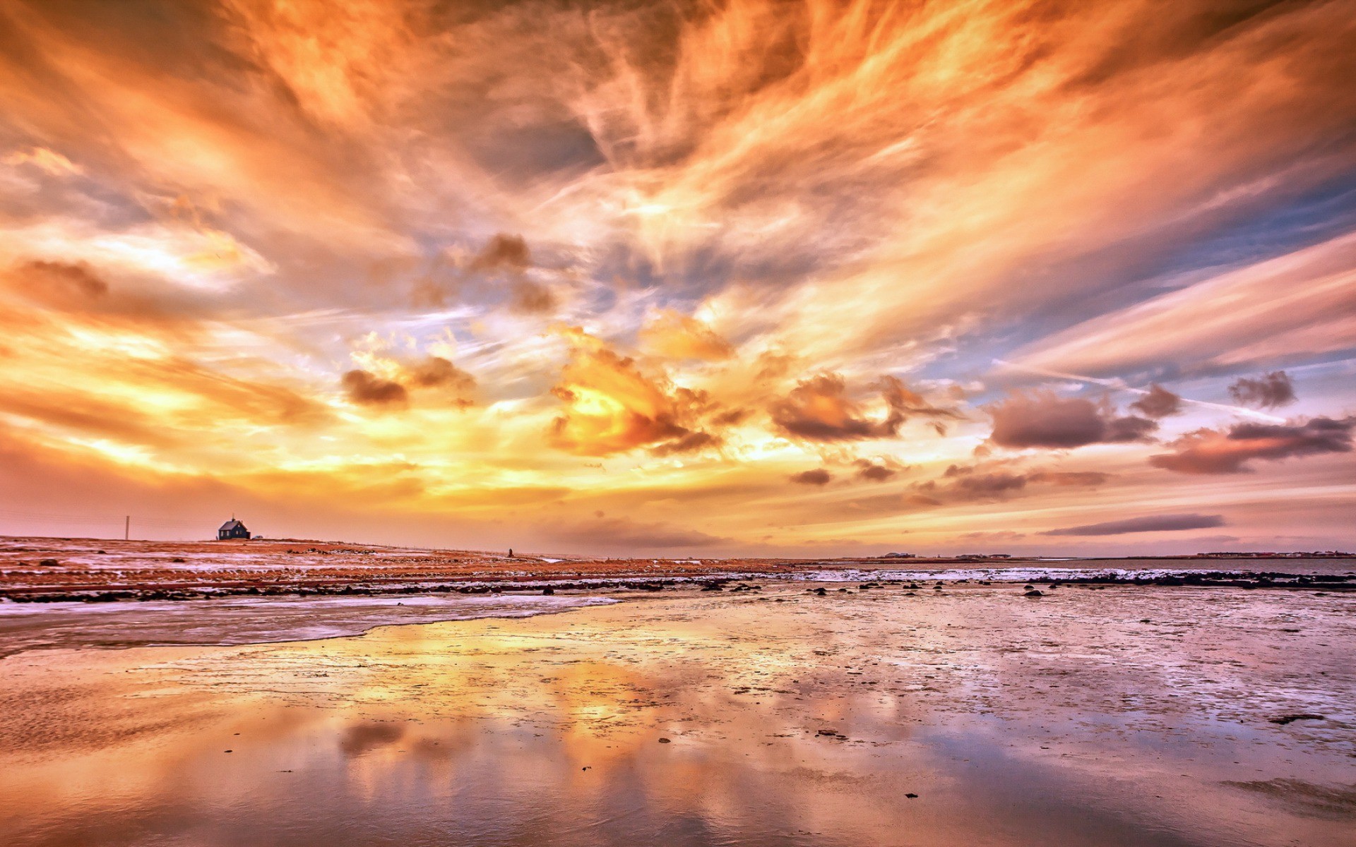 Tramonto, Nuvole, Spiaggia, Cielo infuocato, Riflesso, Full HD, sfondo PC