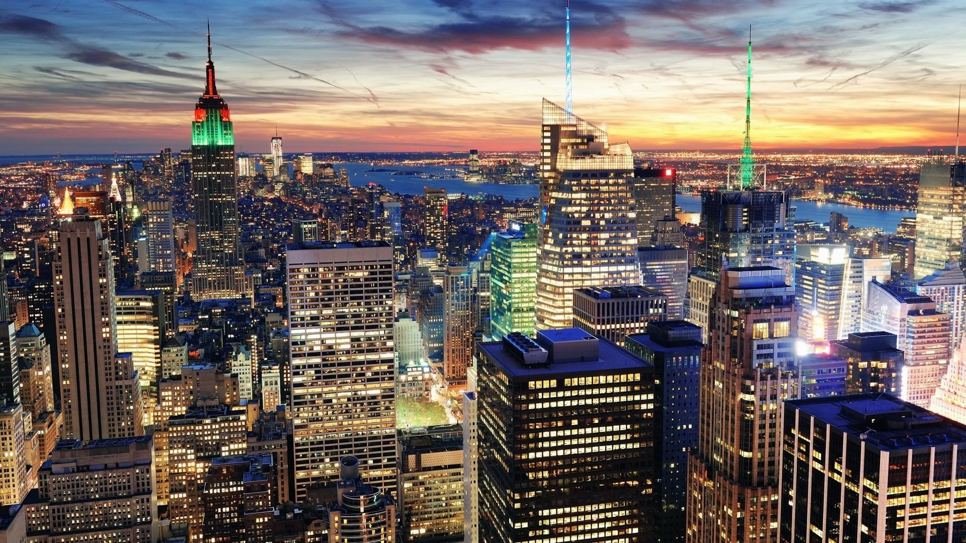 Empire State Building, Manhattan, New York, Tramonto, Vista dall'alto, sfondo per portatile