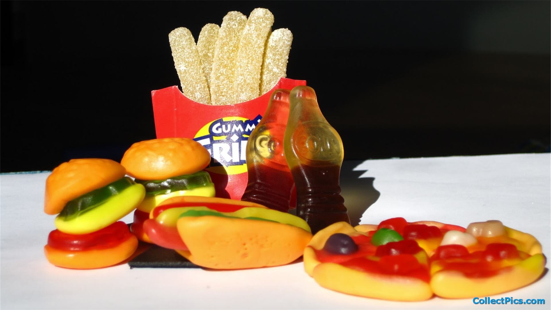 Caramelle gommose, Hamburger, Patatine fritte, Pizza, Trolli, 1920x1080, immagine di sfondo