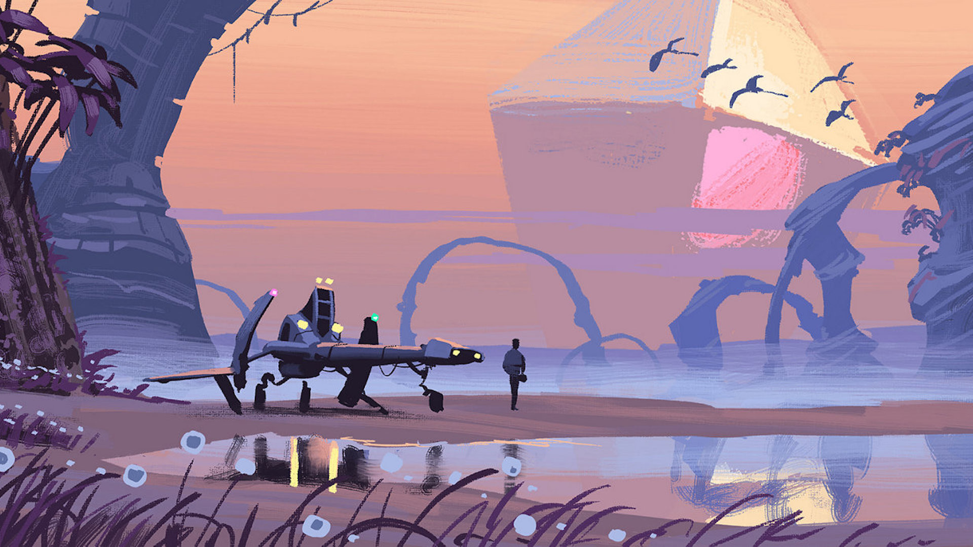 No Man's Sky, Astronave, Viaggiatore, Lago, Illustrazione, Full HD, wallpaper per computer