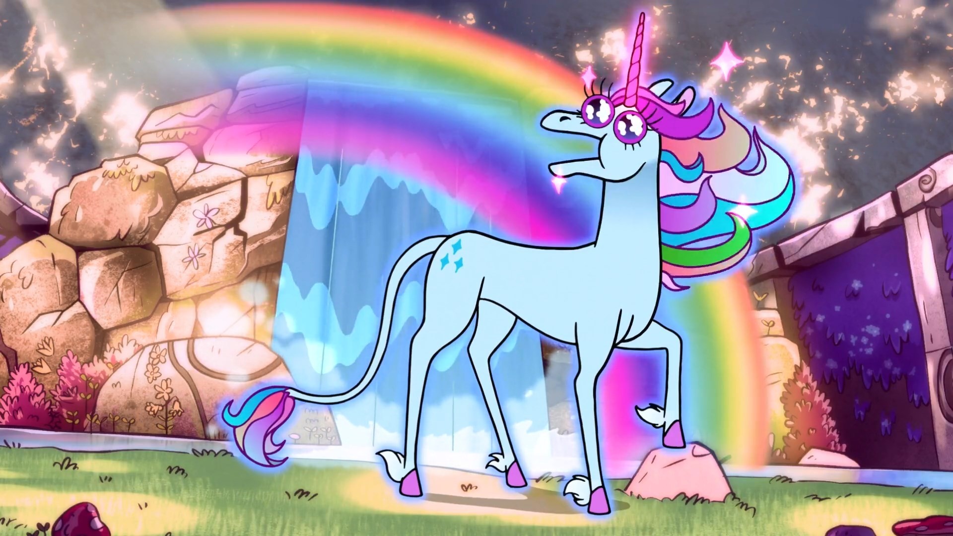 Unicorno, Arcobaleno, Cartoni animati, Rovine, 16:9 Full HD, sfondo widescreen