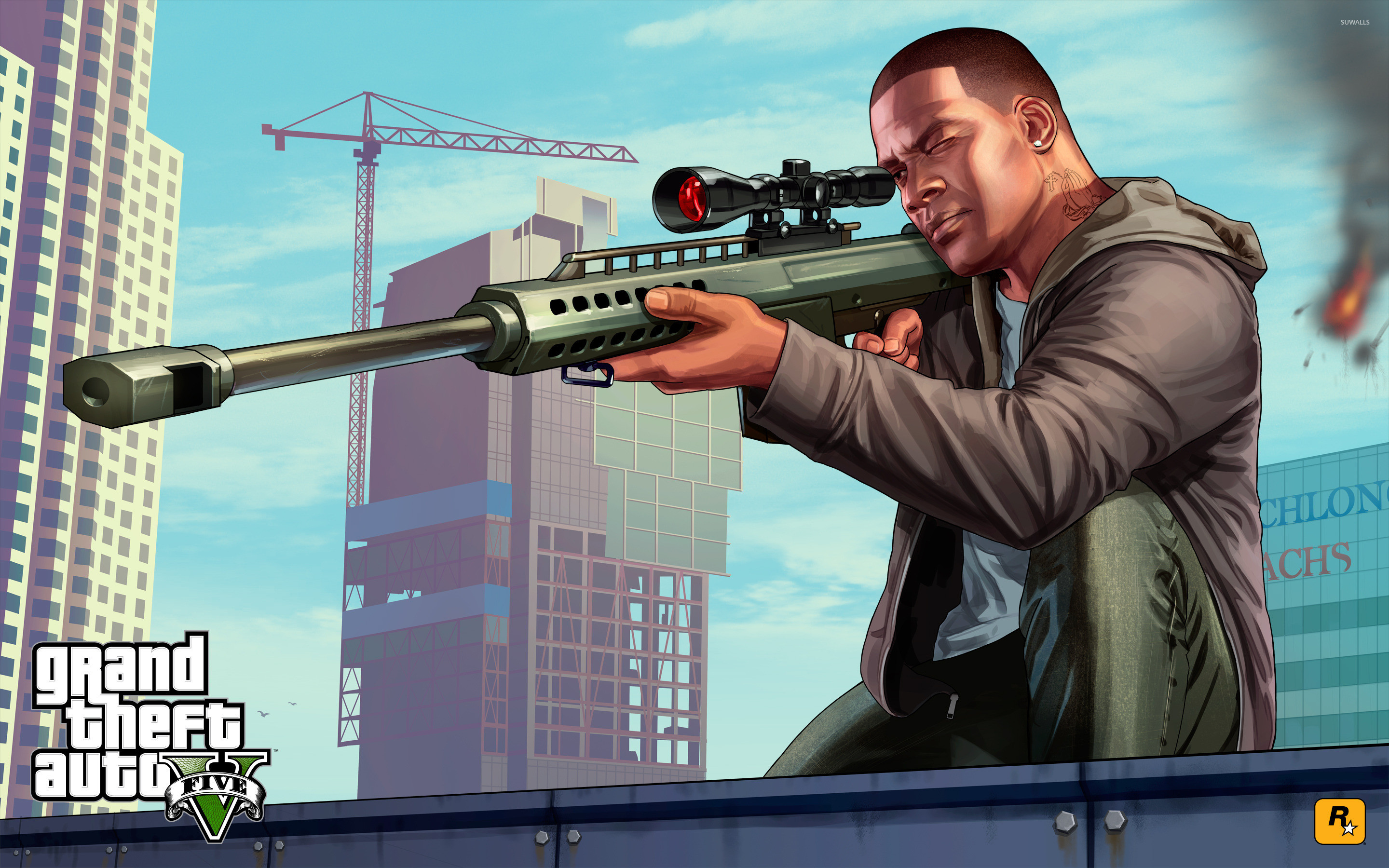 Franklin Clinton, Grand Theft Auto V, Fucile di precisione, Grattacieli, Illustrazione, sfondo desktop