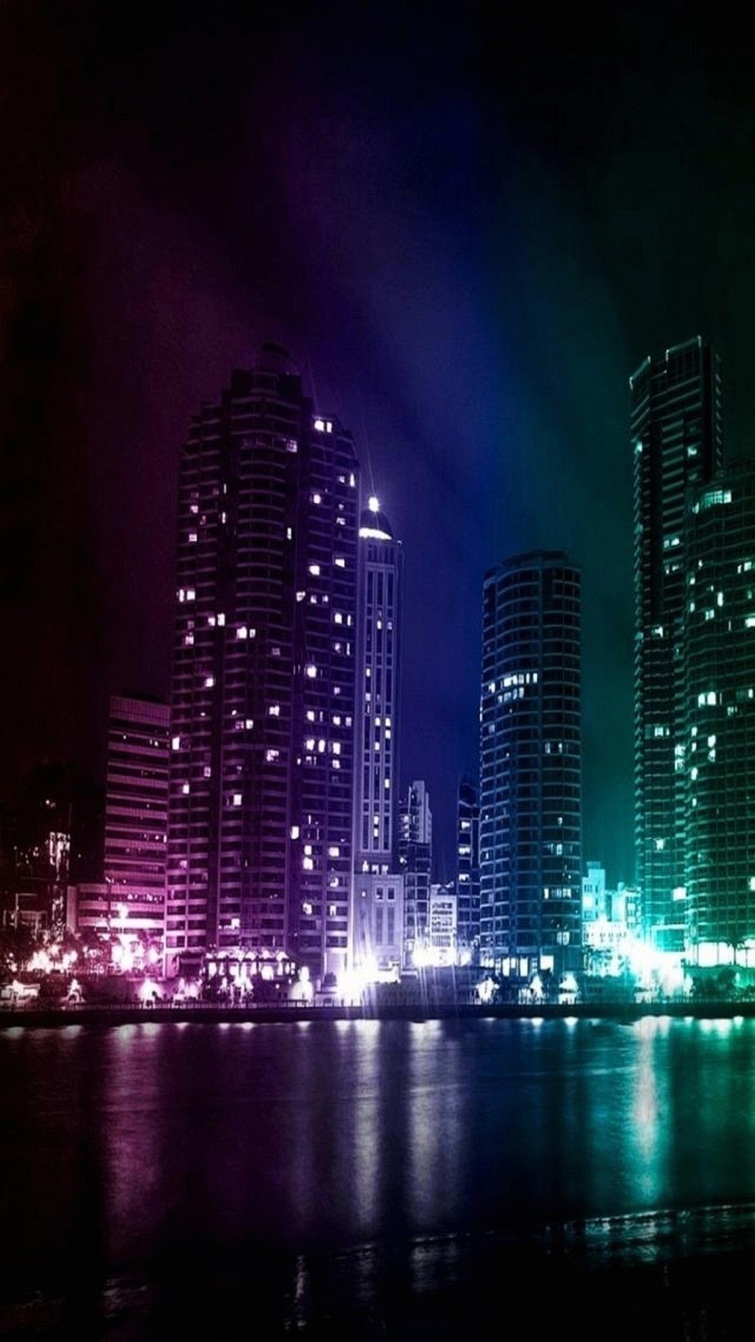 Grattacieli, Notte, Luci neon, Riflesso, immagine di sfondo iPhone 5