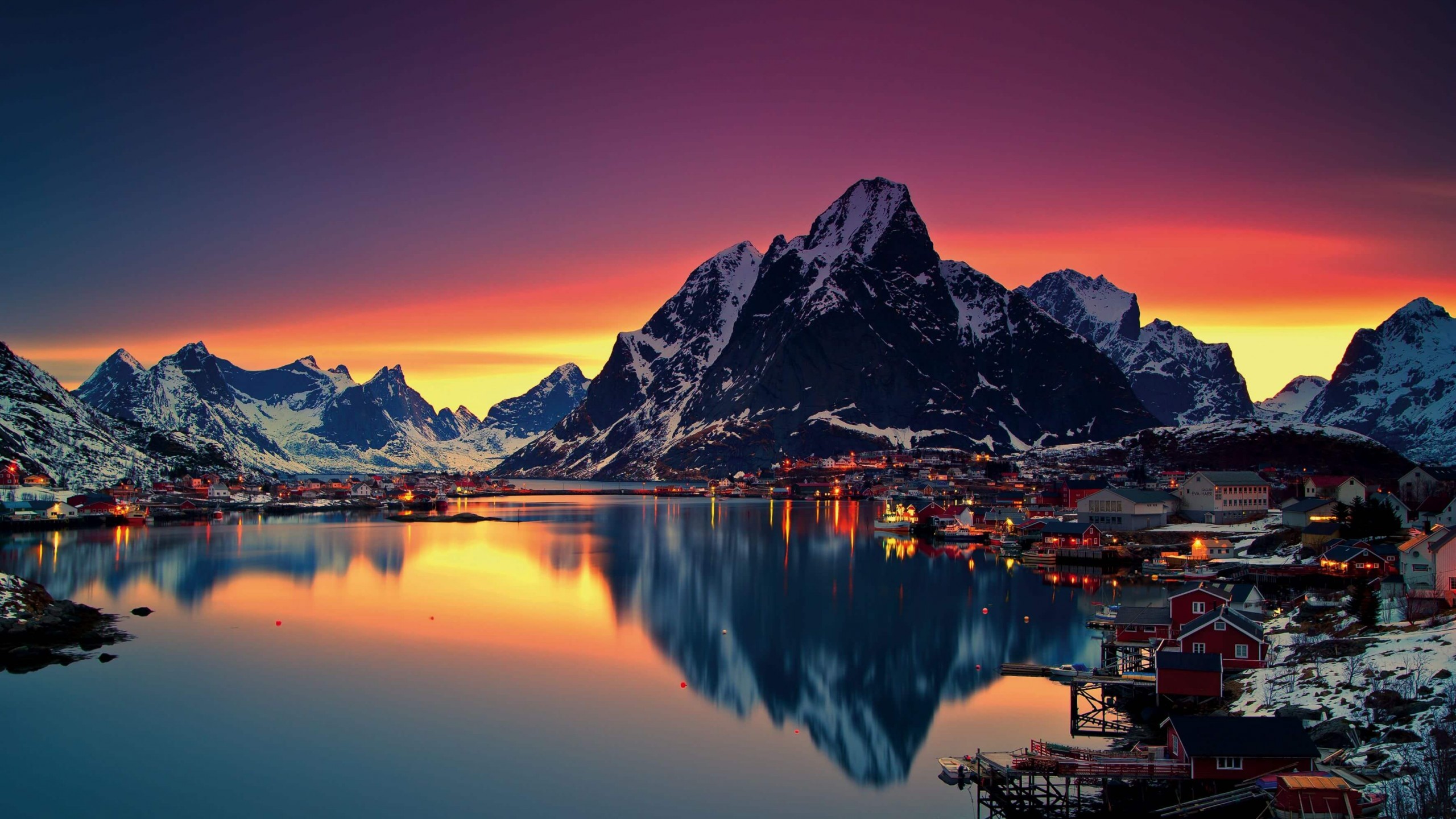 Reine, Isole Lofoten, Norvegia, Montagne, Tramonto, 2K, sfondo desktop