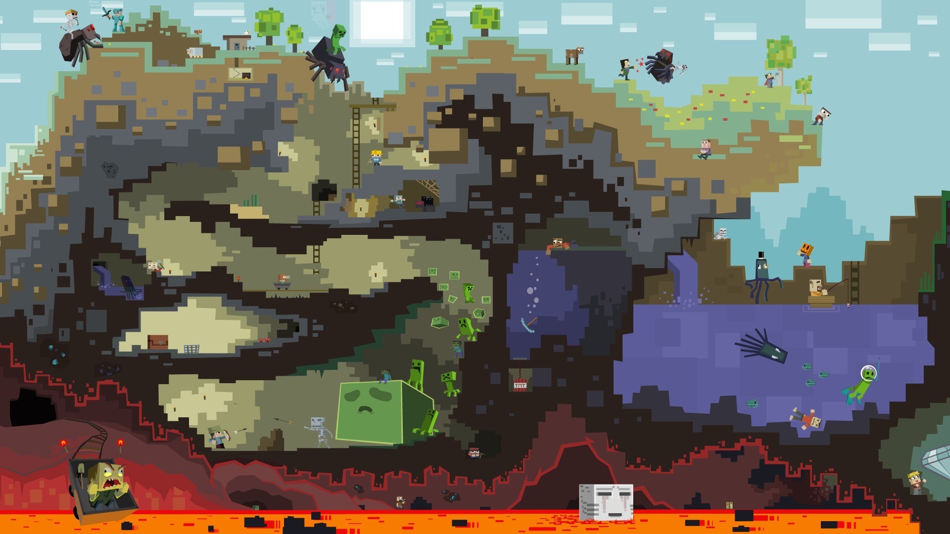 Minecraft, Sezione del mondo, Caverne, Lava, Pixel art, 16:9 Full HD, sfondo widescreen