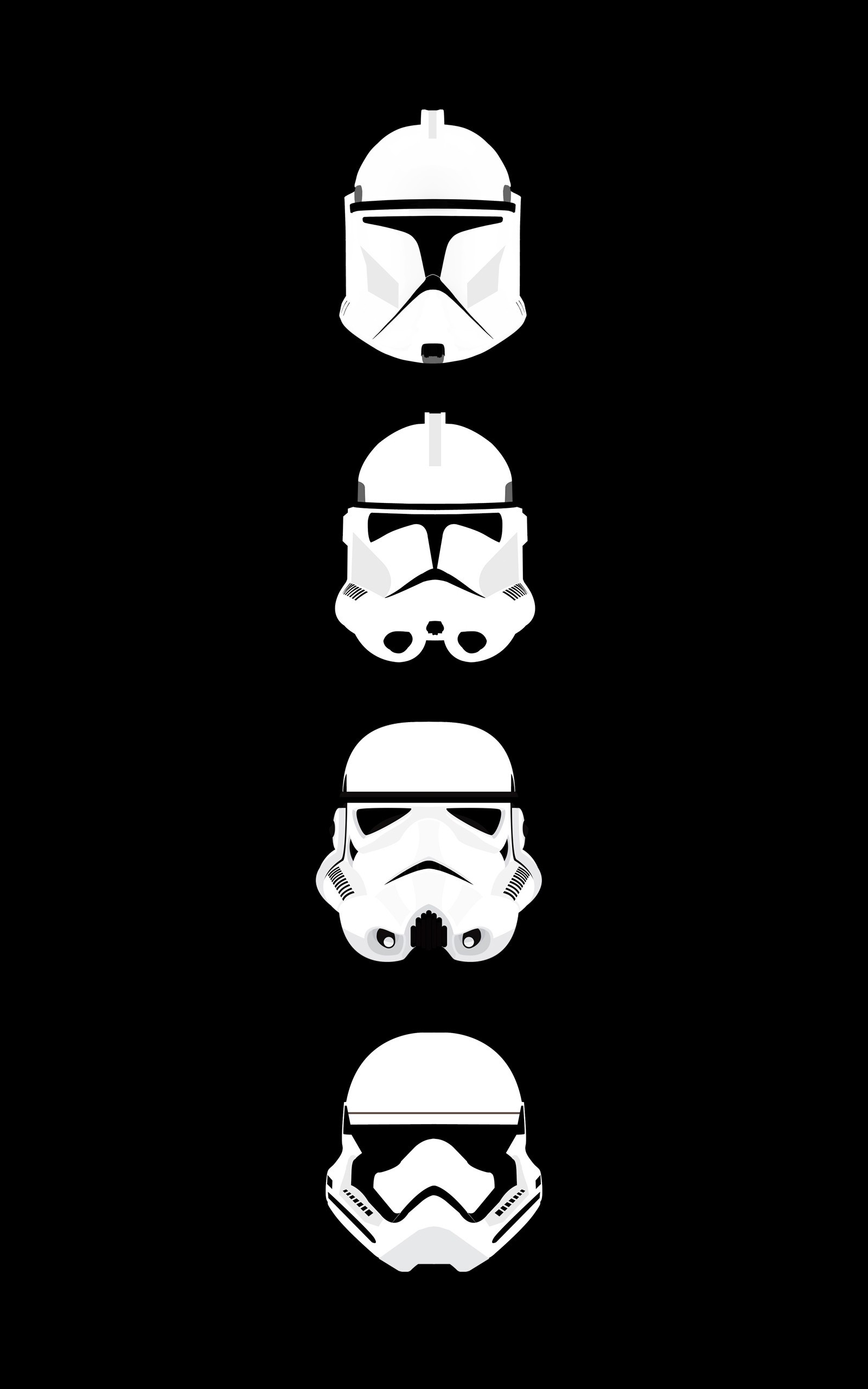 Clone trooper, Stormtrooper, Star Wars, Evoluzione dei caschi, Minimalismo, wallpaper QHD+ per smartphone