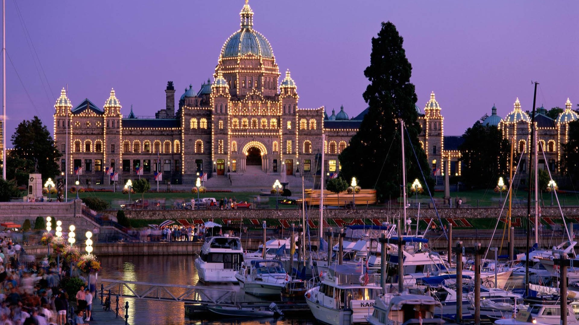 Parlamento della Columbia Britannica, Victoria, Canada, Porto, Crepuscolo, sfondo 16:9 Full HD