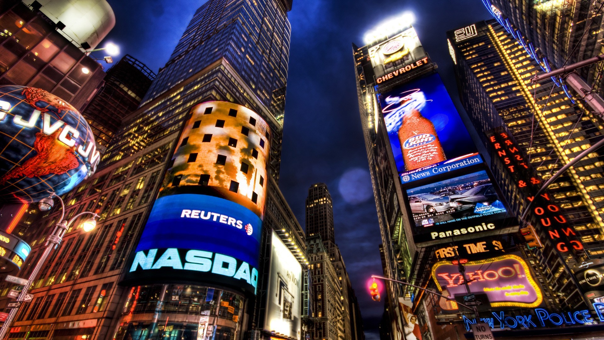 Times Square, New York, NASDAQ, Insegne luminose, Notte, Full HD, sfondo per portatile
