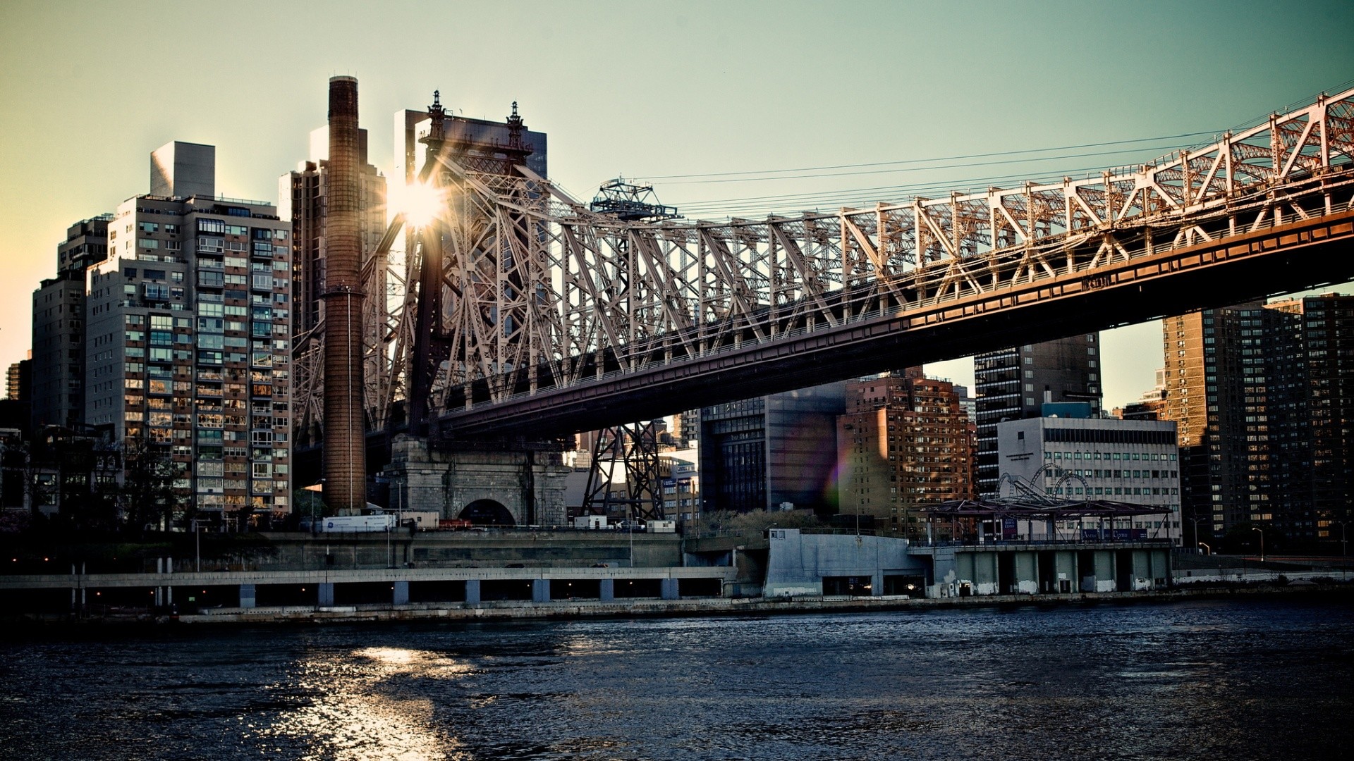 Queensboro Bridge, New York, East River, Controluce, Full HD, sfondo Windows 11