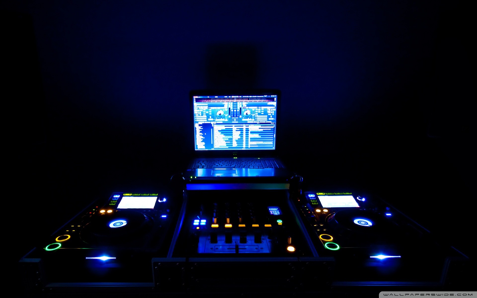 Postazione DJ, Laptop, Luci blu, Buio, Full HD, wallpaper per computer