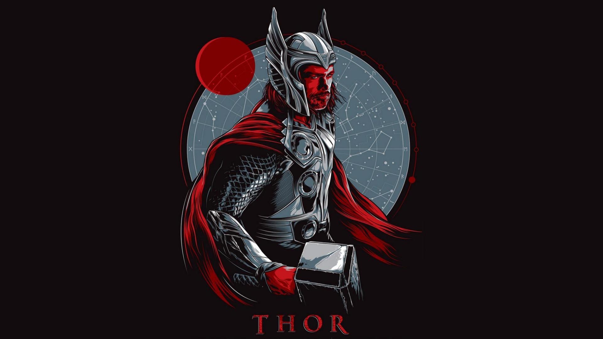 Thor, Marvel, Mjolnir, Illustrazione, Sfondo scuro, Full HD, wallpaper desktop