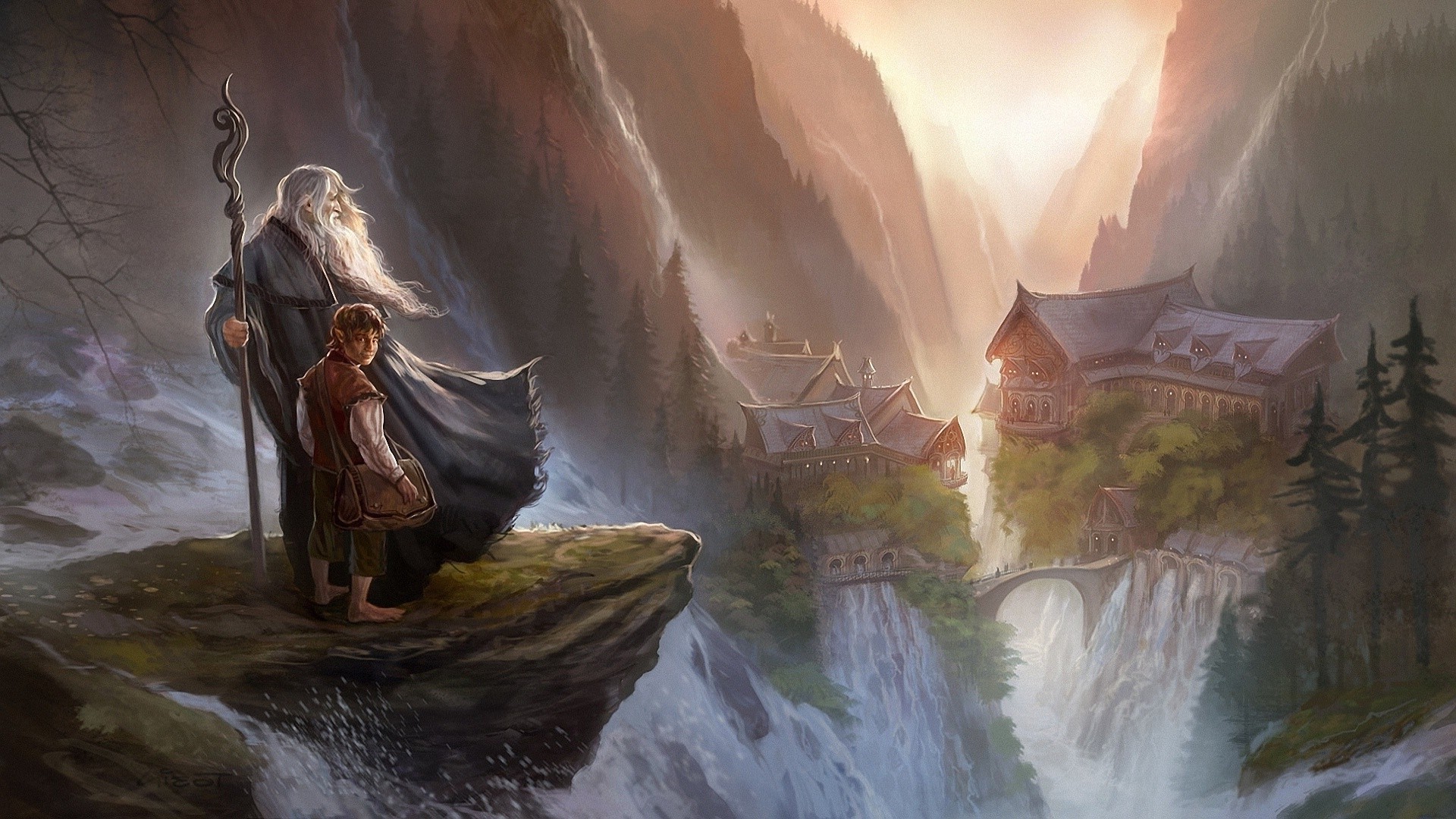 Gandalf, Frodo Baggins, Gran Burrone, Il Signore degli Anelli, Pittura, sfondo Full HD per PC