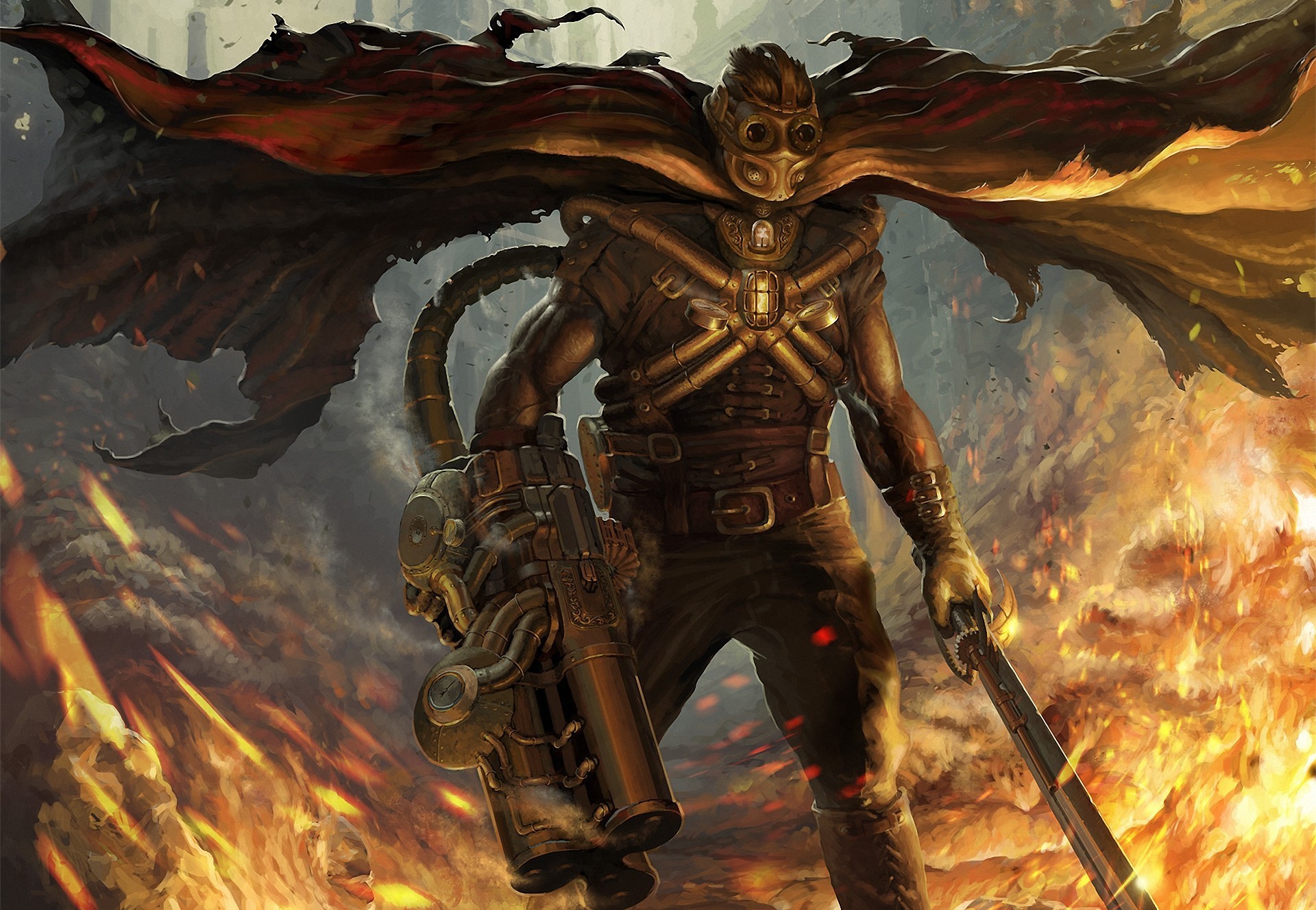 Guerriero, Mantello, Fuoco, Steampunk, Full HD, sfondo per PC e portatile