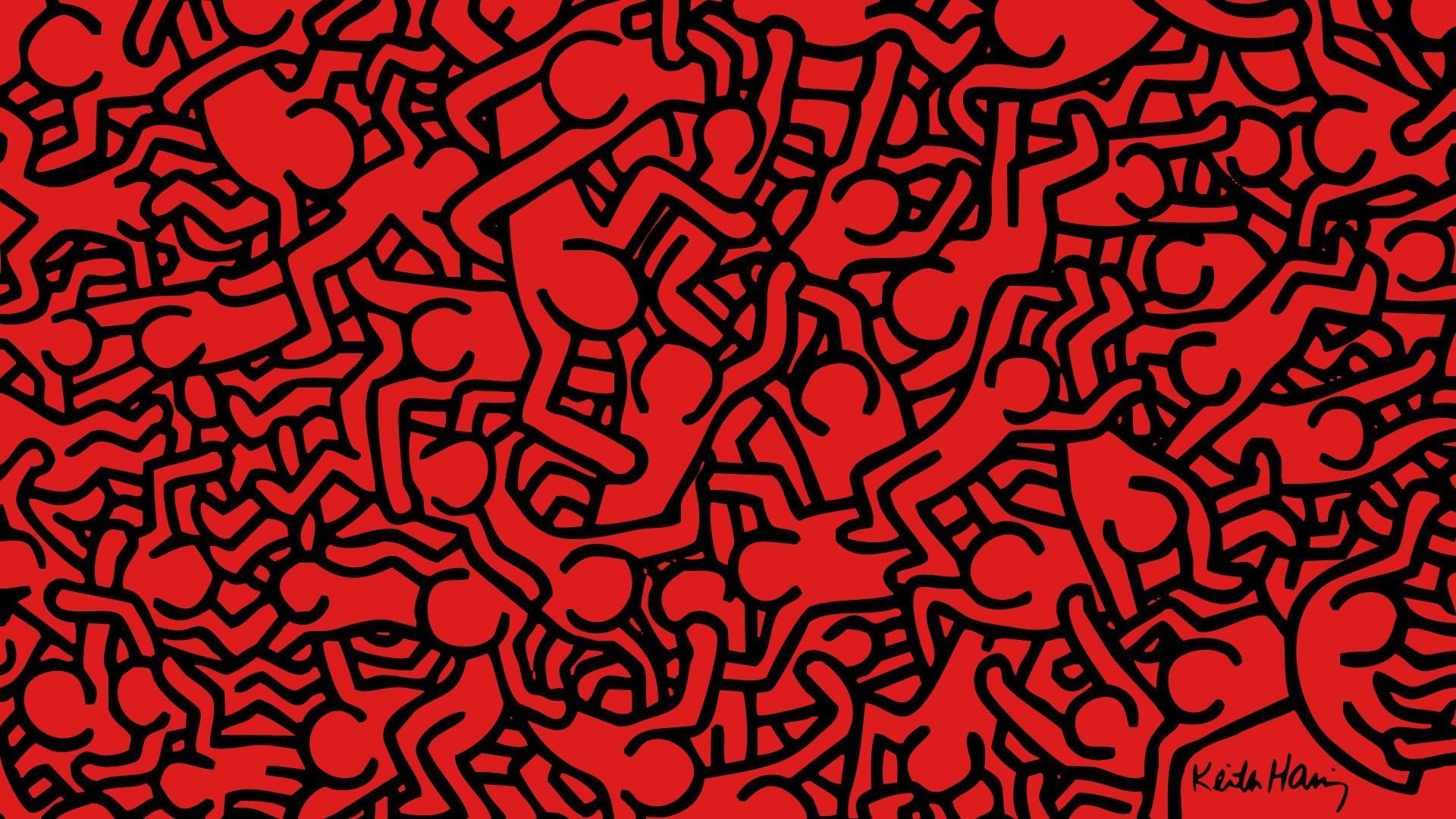 Keith Haring, Figure intrecciate, Rosso, Pop art, Full HD, wallpaper per portatile