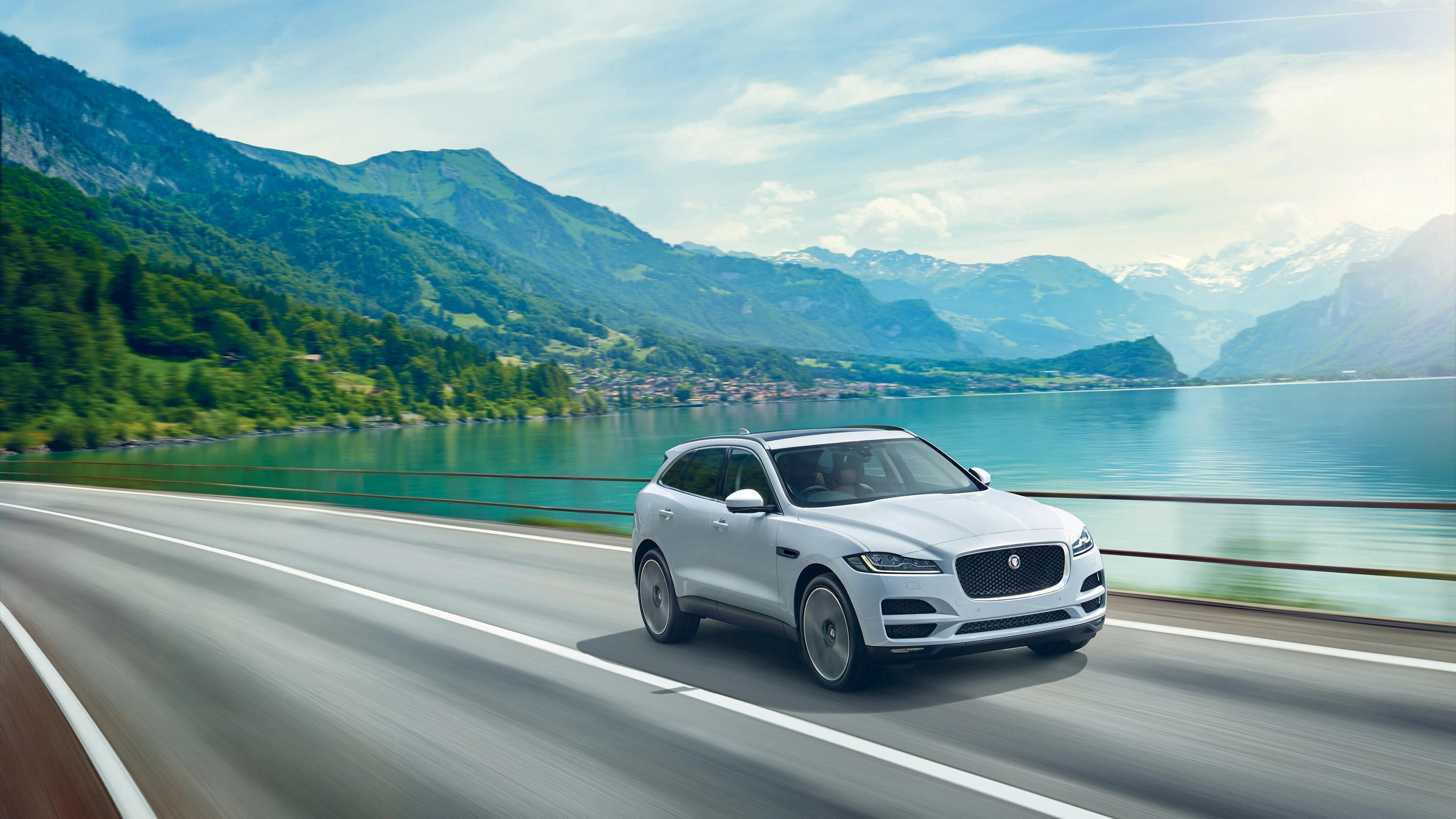 Jaguar F-Pace, SUV, Lago, Montagne, 3840x2160, wallpaper desktop