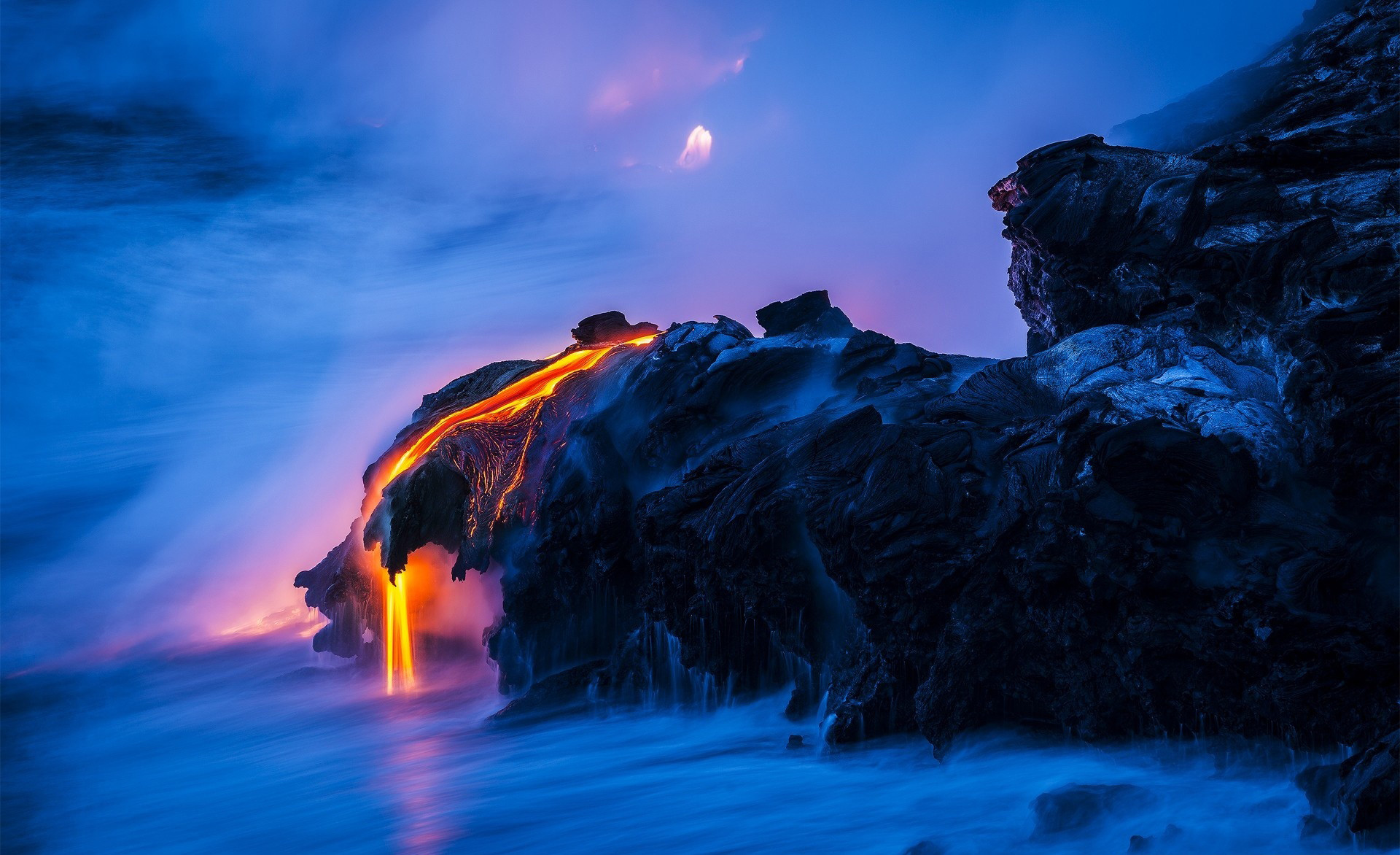 Lava, Hawaii, Vulcano, Oceano, Crepuscolo, Full HD, sfondo per PC