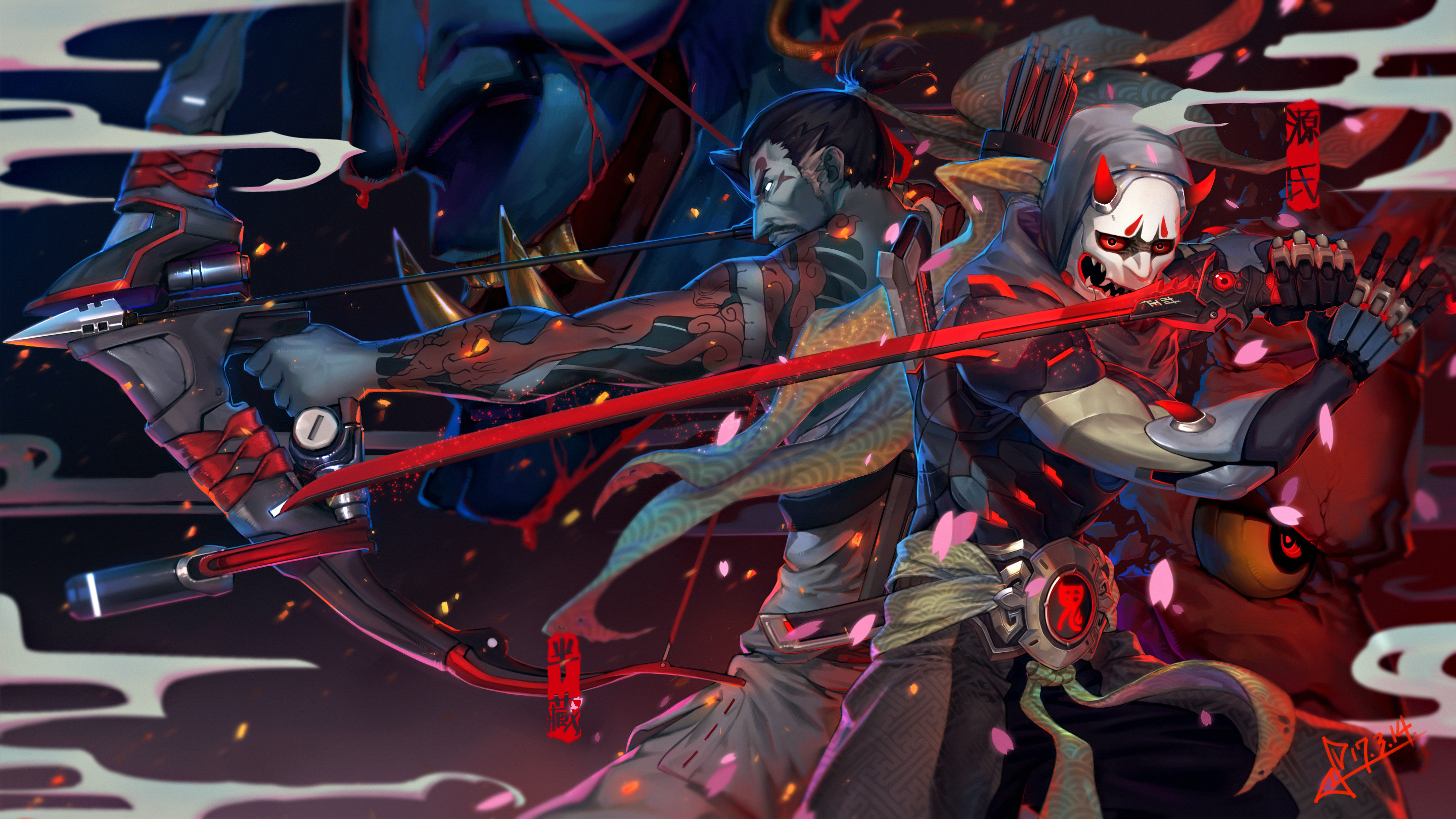 Genji, Hanzo, Overwatch, Skin Oni, Arte giapponese, 2K, sfondo per PC e portatile