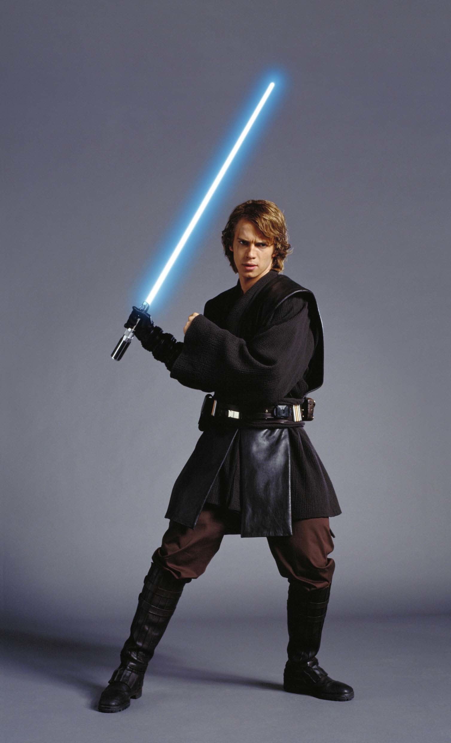 Anakin Skywalker, Hayden Christensen, Star Wars, Spada laser blu, Sfondo grigio, schermata di blocco