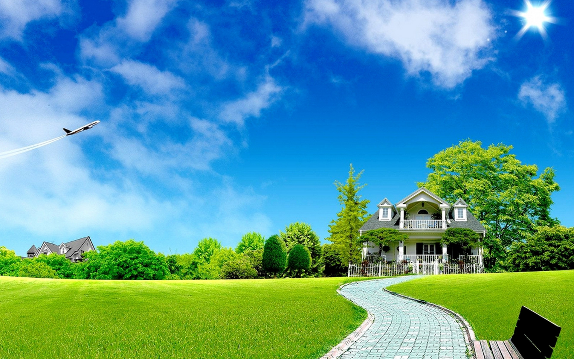 Casa, Prato, Sentiero, Cielo azzurro, Aereo, 1920x1200, immagine di sfondo