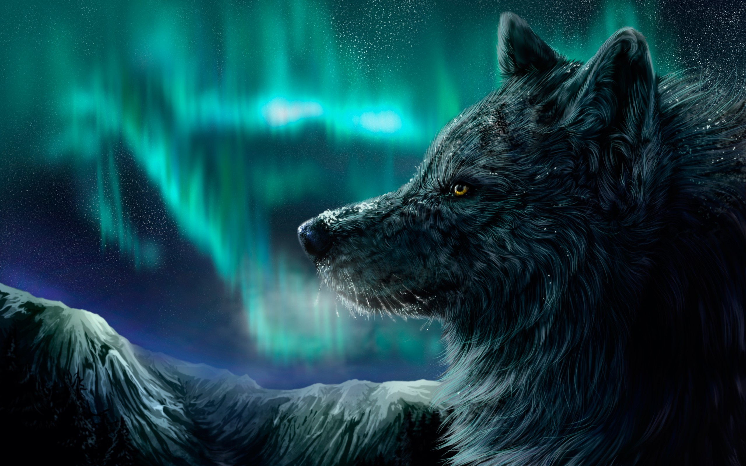 Lupo, Aurora boreale, Notte, Arte digitale, 2560x1600, sfondo MacBook Pro