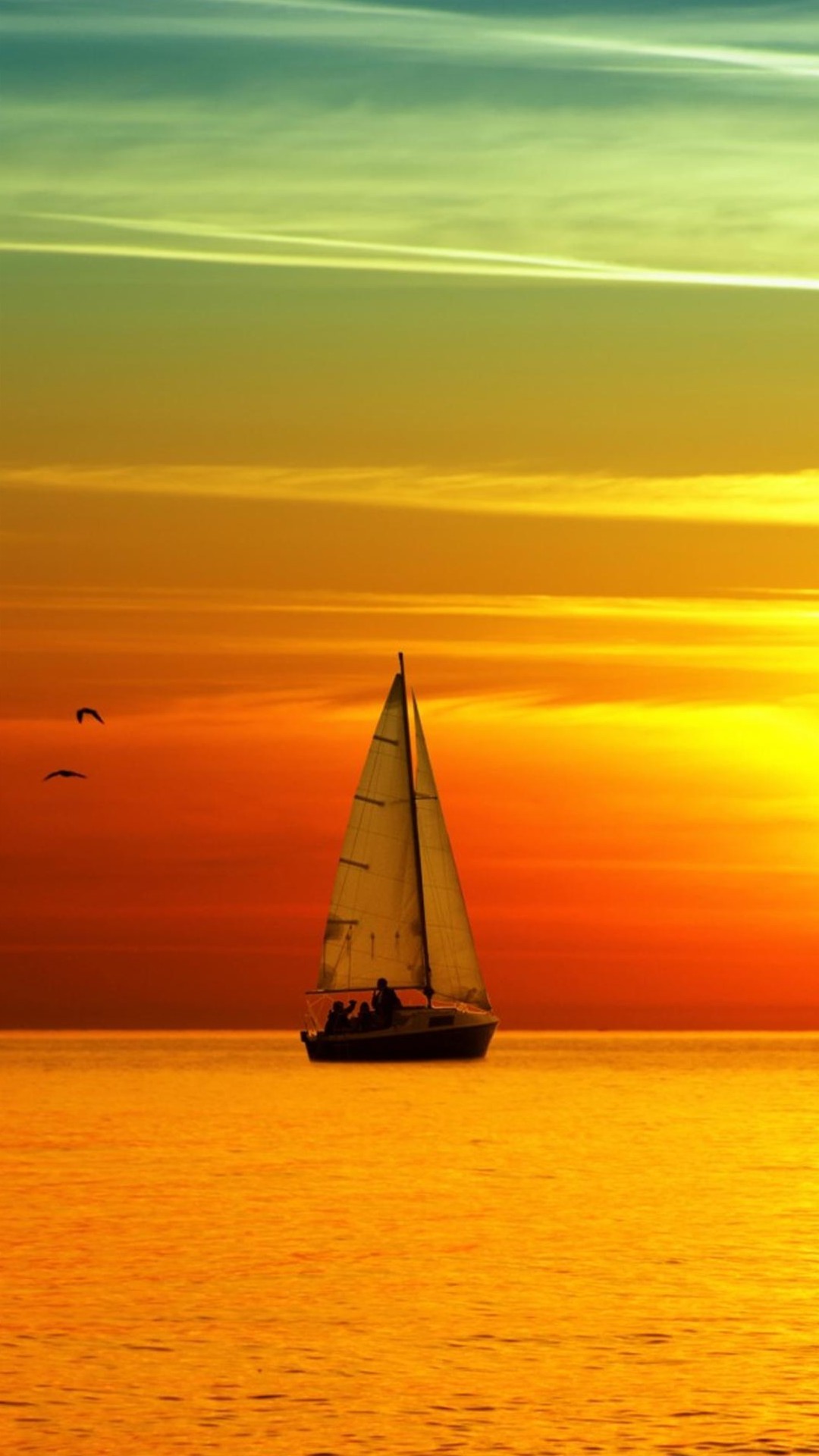 Barca a vela, Tramonto, Mare, Arancione, sfondo Android