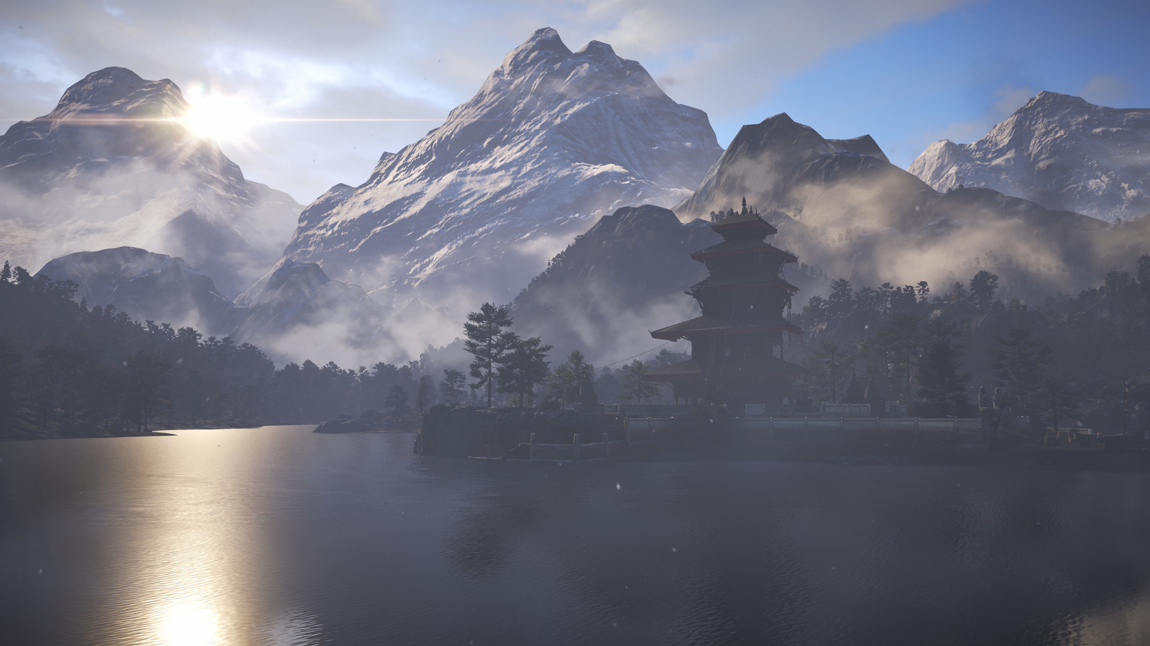 Far Cry 4, Lago, Pagoda, Montagne, 4K, sfondo Windows 11