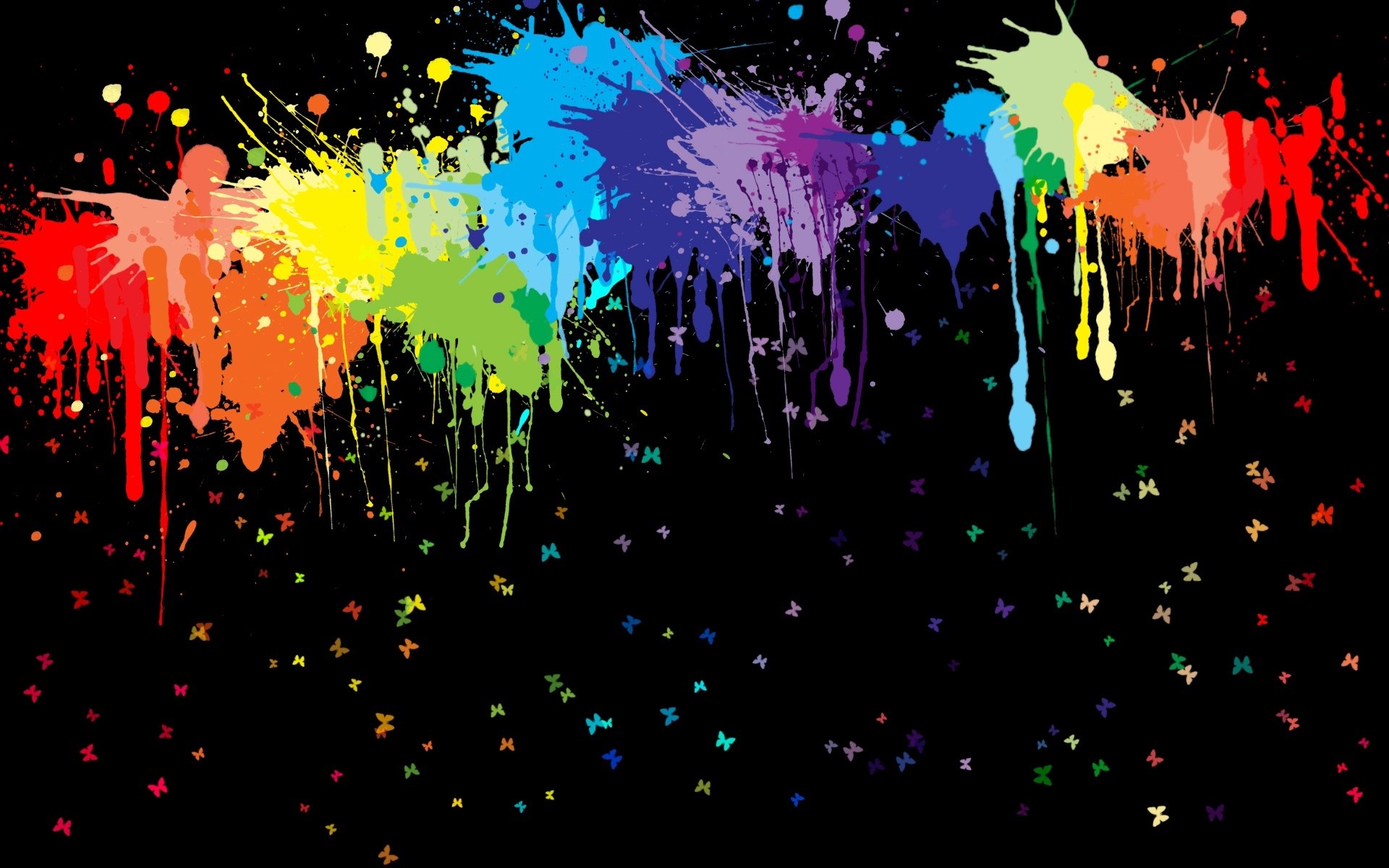 Farfalle, Schizzi di colore, Arcobaleno, Sfondo nero, 16:10 Full HD, wallpaper widescreen