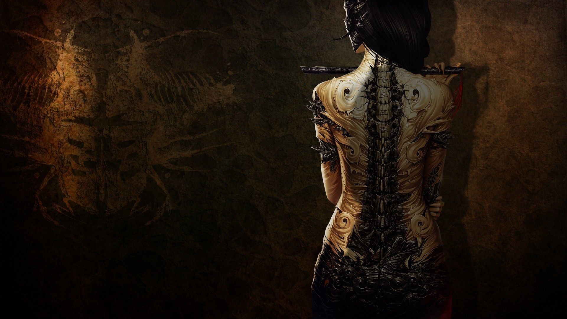 Schiena tatuata, Tatuaggio sulla colonna, Donna, Toni scuri, Full HD, sfondo desktop