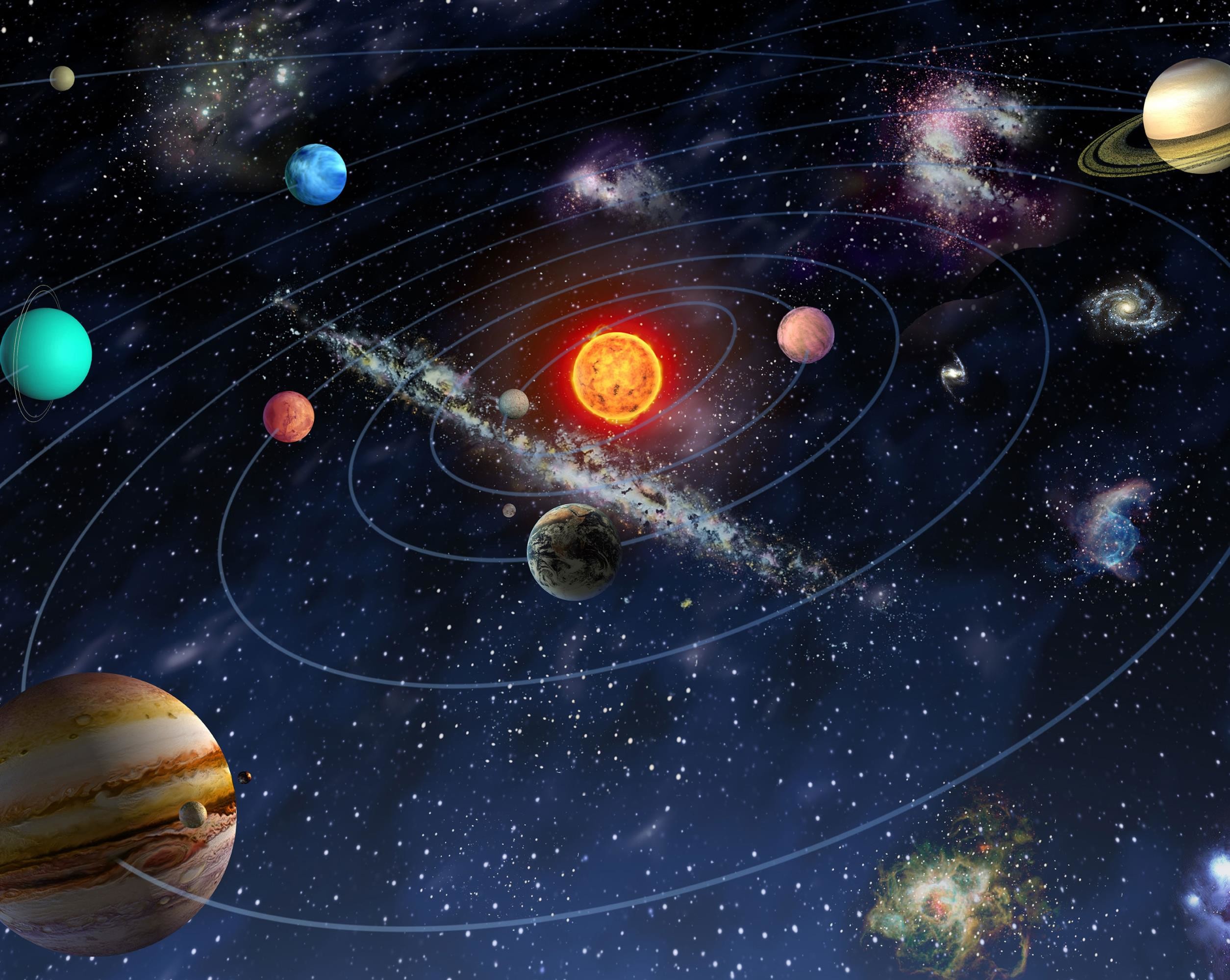Sistema solare, Sole, Orbite, Giove, Saturno, Nebulosa, Full HD, sfondo per PC e portatile