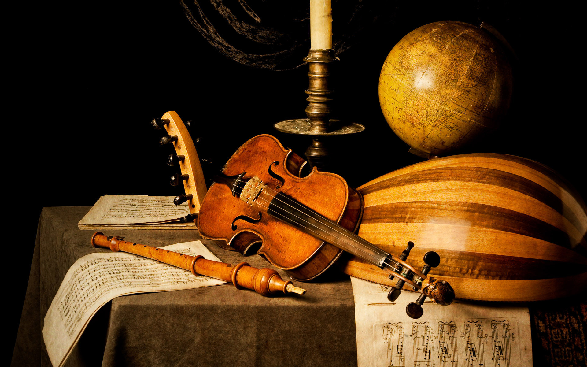 Violino, Liuto, Flauto, Natura morta, Mappamondo, Full HD, wallpaper desktop
