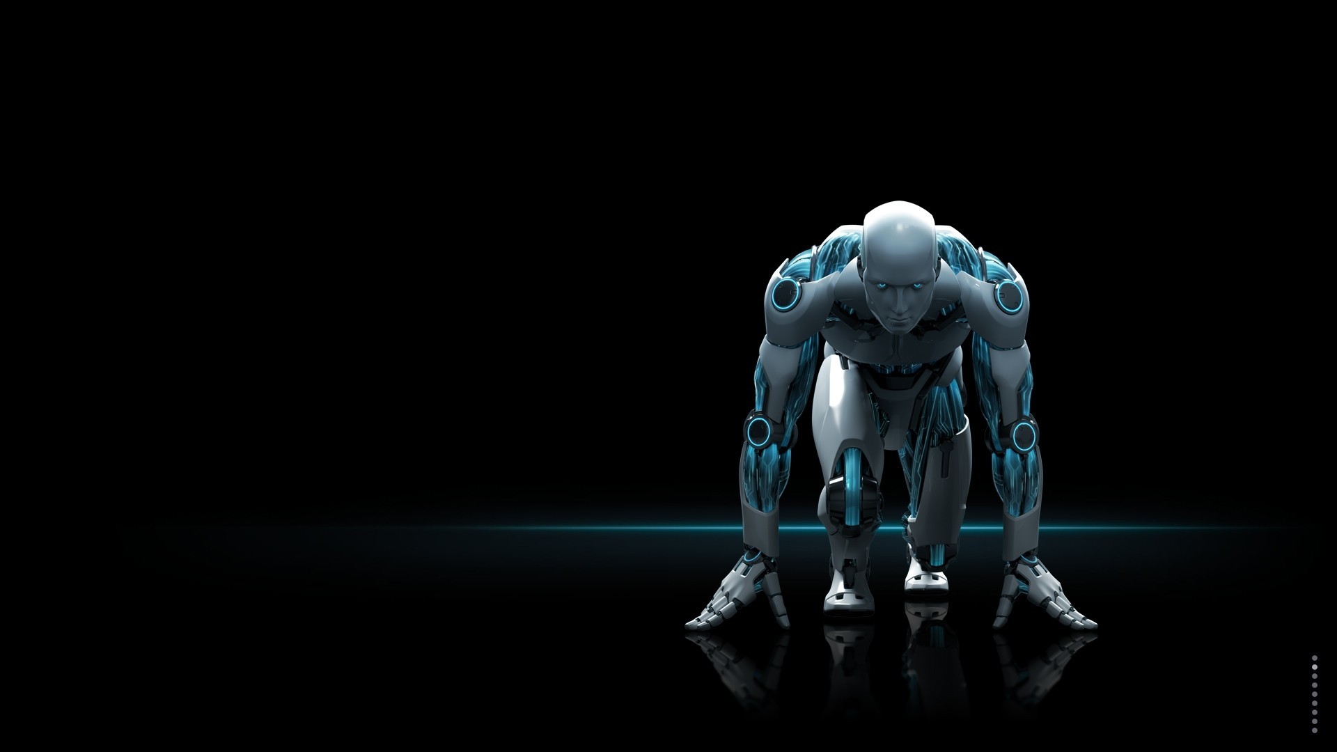 ESET, Robot umanoide, Posizione di partenza, Sfondo nero, Rendering 3D, wallpaper desktop Full HD