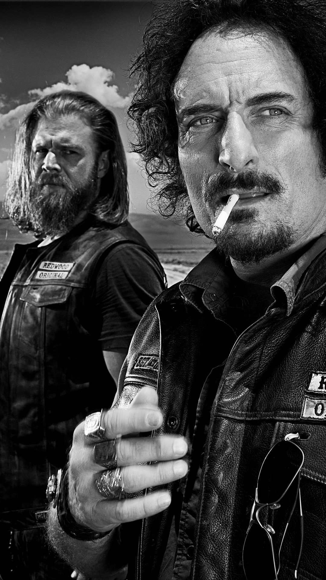 Kim Coates, Tig Trager, Ryan Hurst, Sons of Anarchy, Bianco e nero, sfondo verticale per cellulare