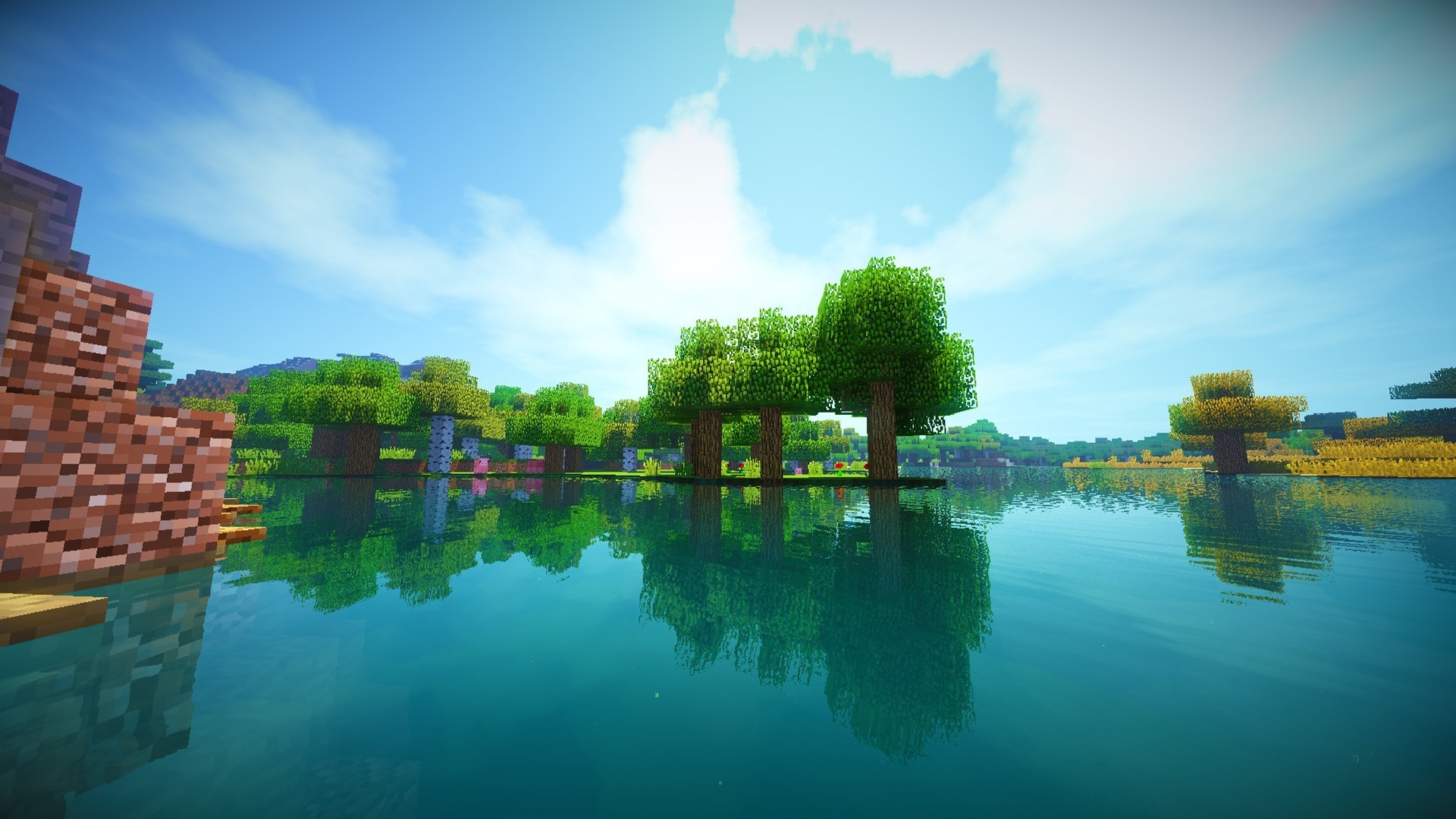 Minecraft, Lago, Alberi, Shader, Cielo azzurro, 1920x1080, immagine di sfondo
