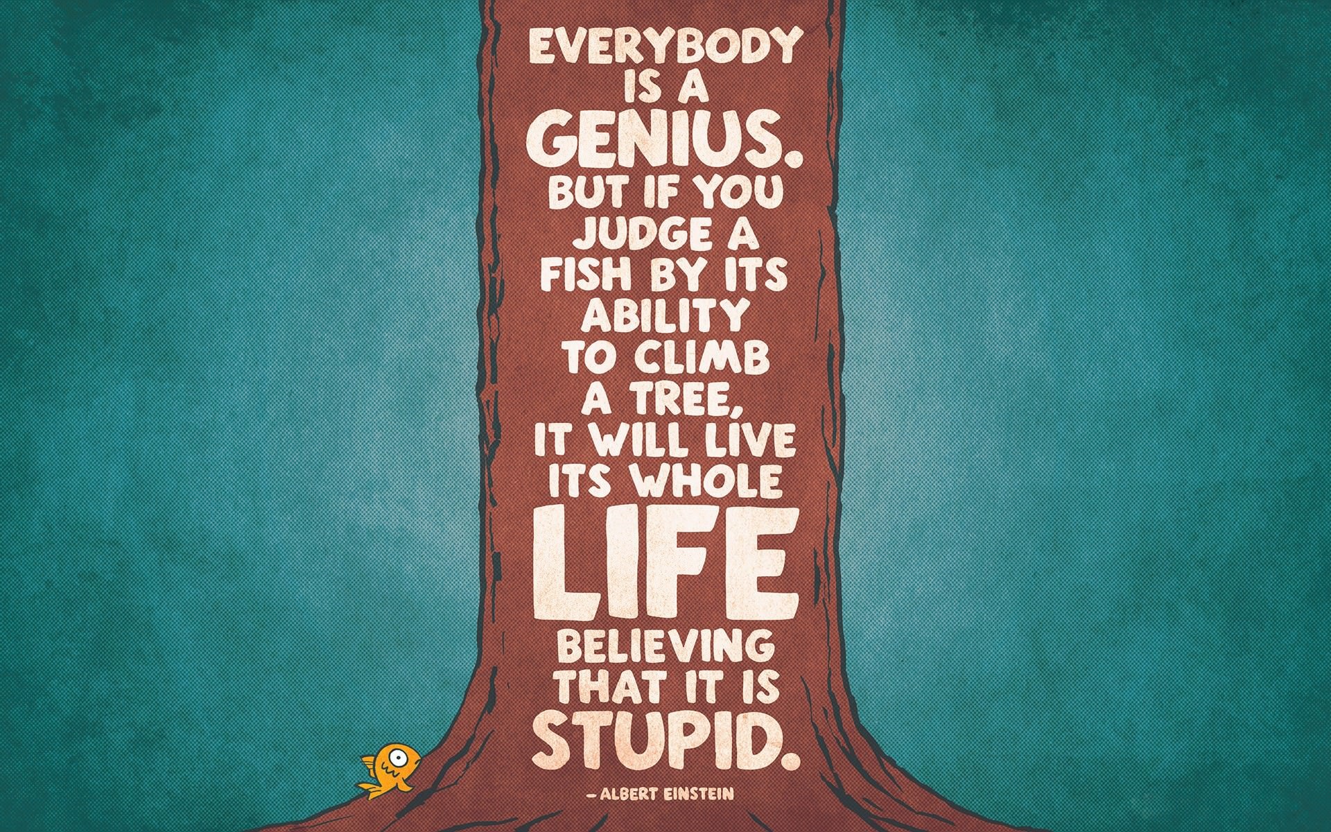 Albert Einstein, Everybody is a genius, Albero, Pesce, Citazione, sfondo Full HD per PC