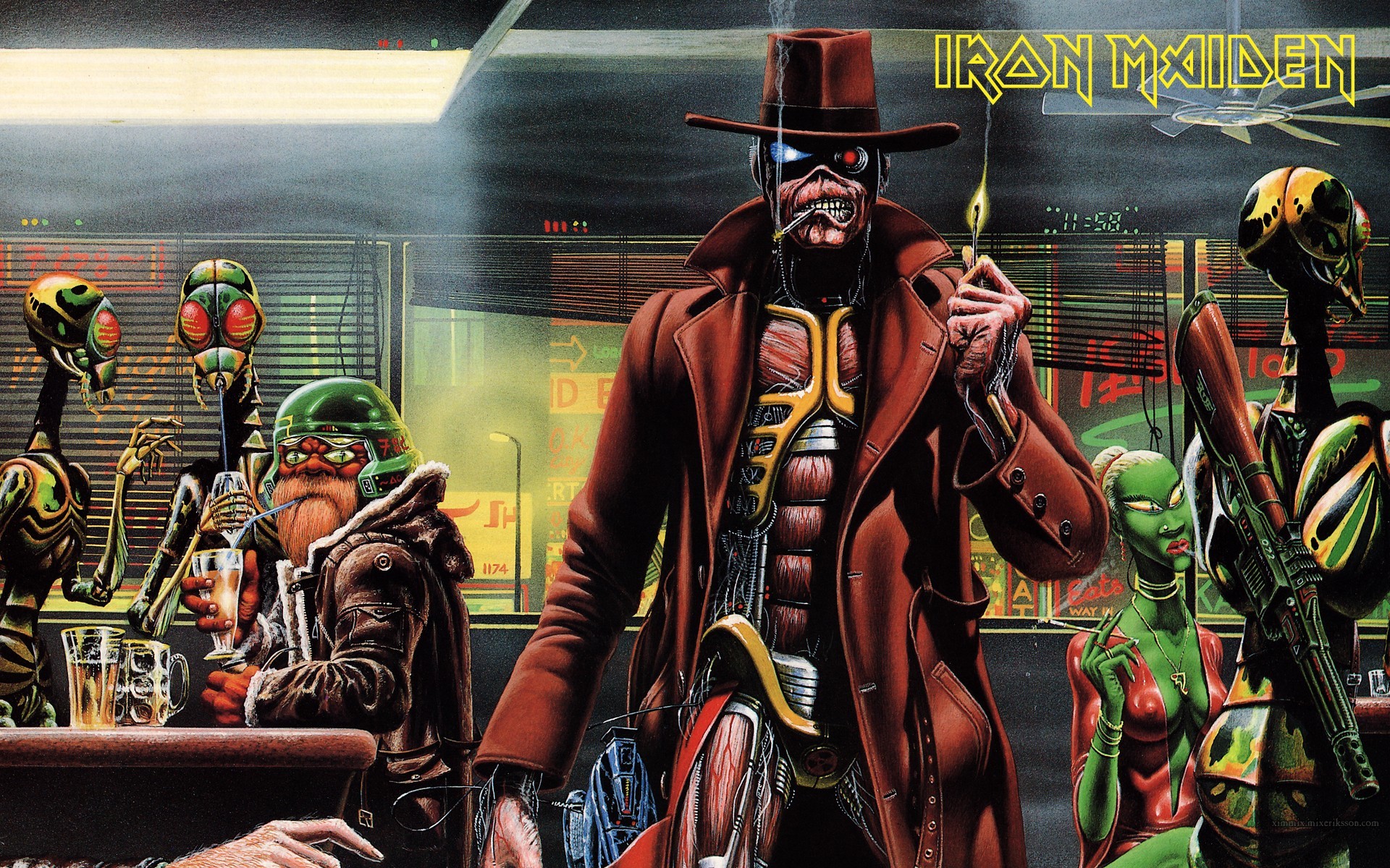 Eddie, Iron Maiden, Pistolero, Bar, Alieni, Full HD, sfondo per PC