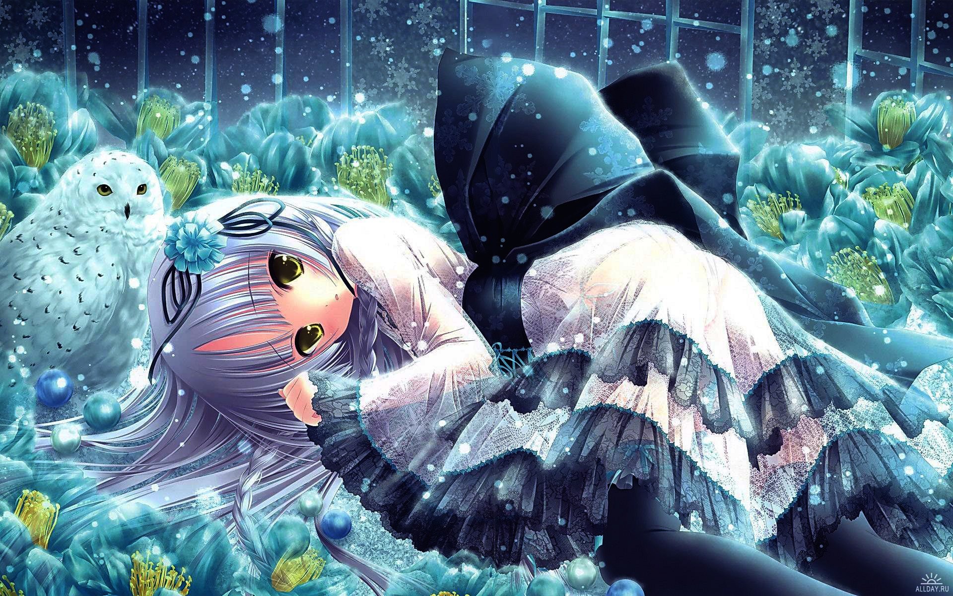 Ragazza anime, Gufo, Mantello, Verde acqua, 1920x1200, sfondo per PC