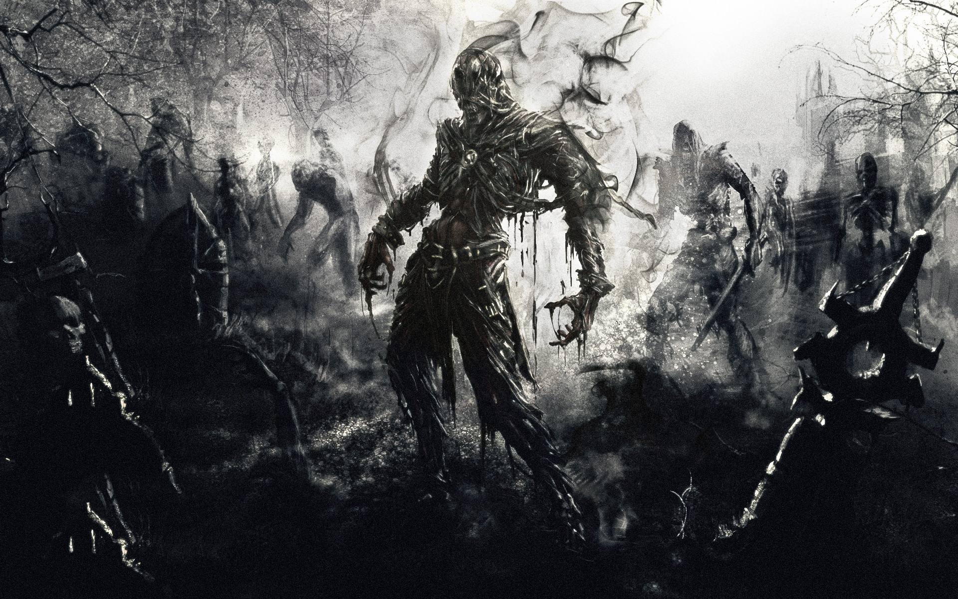 Zombi, Orda, Bianco e nero, Nebbia, Horror, Full HD, sfondo per PC e portatile