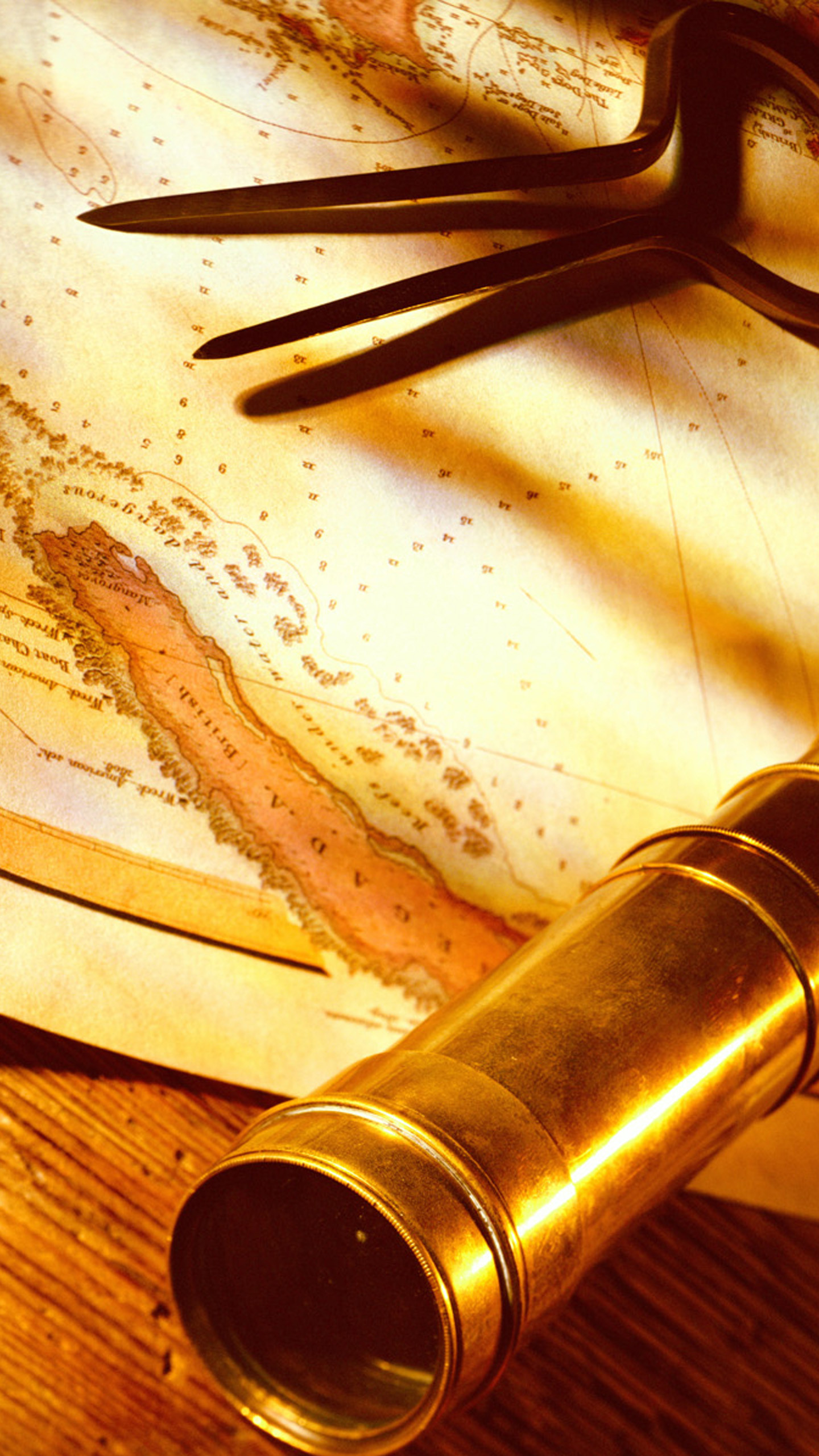 Cannocchiale, Mappa antica, Compasso, Vintage, QHD+, sfondo per iPhone e Android