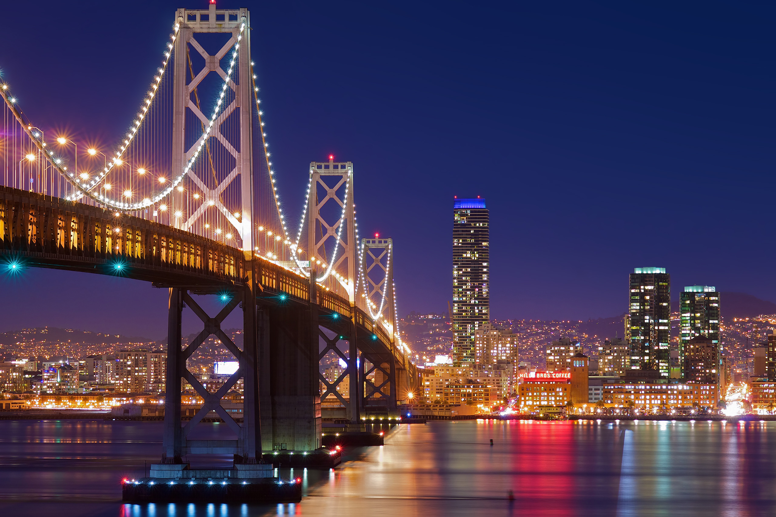 Bay Bridge, San Francisco, Skyline, Luci, Notte, 2K, wallpaper desktop