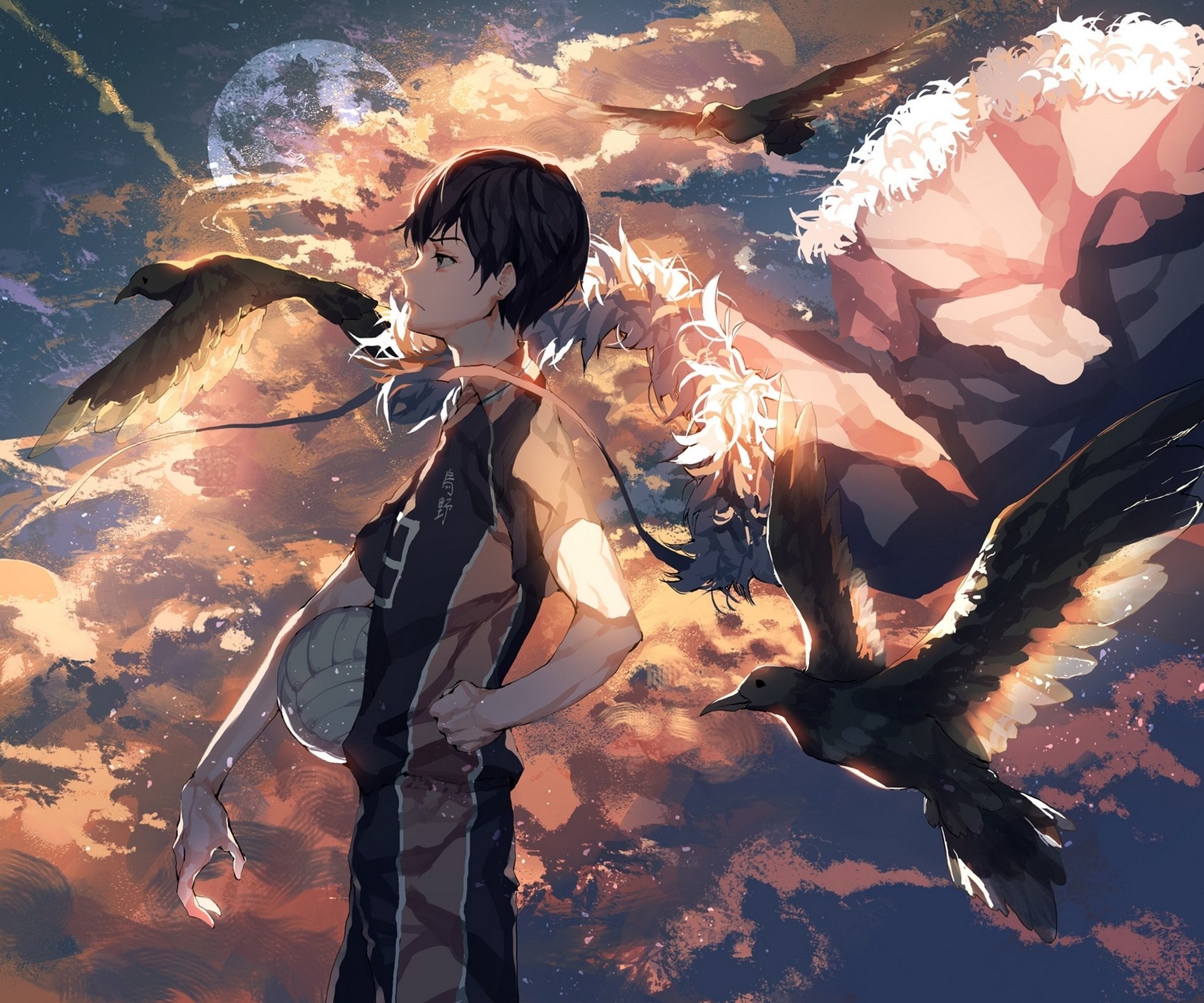 Tobio Kageyama, Haikyu!!, Corvi, Nuvole, Full HD, wallpaper per PC